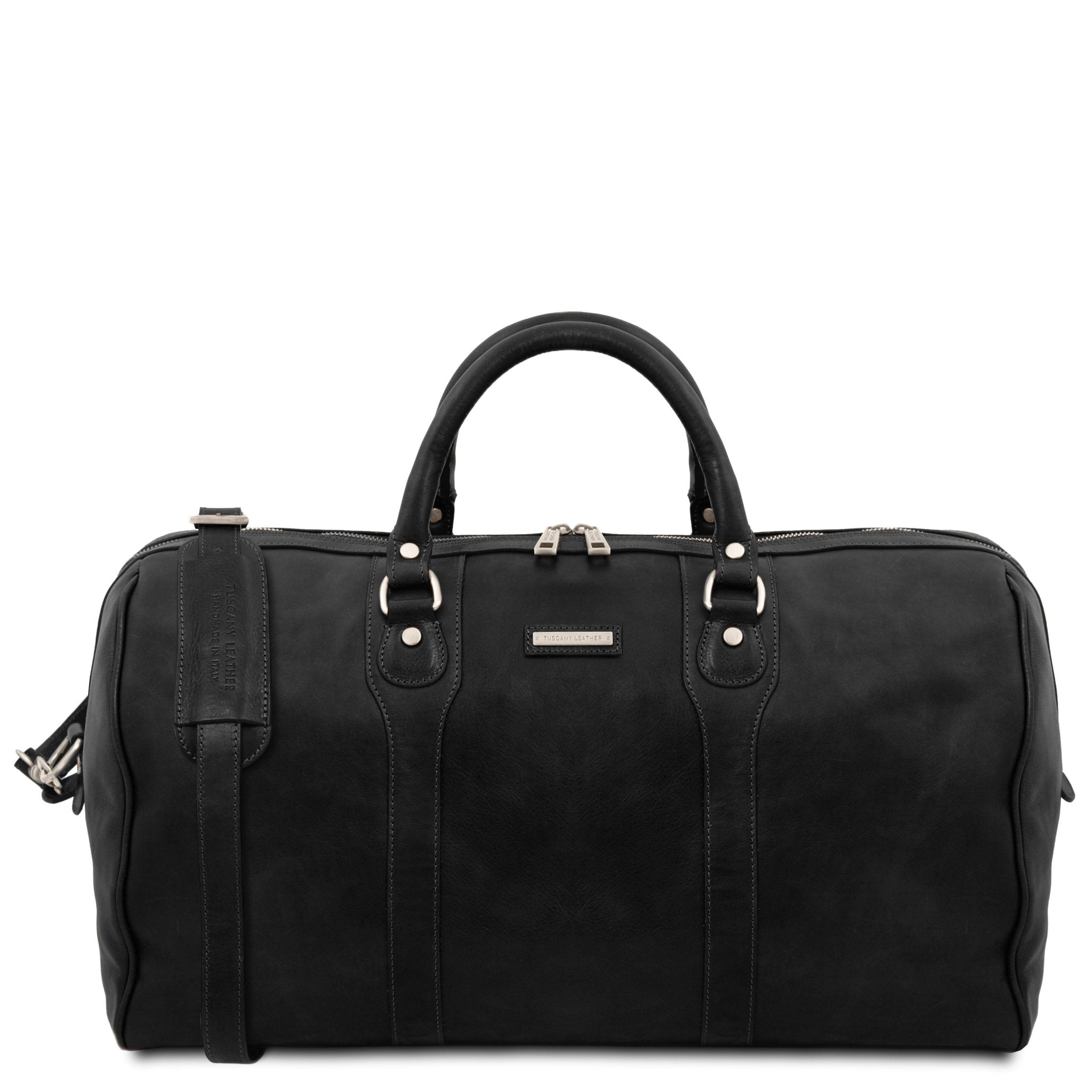 Oslo Travel Leather Weekender Duffle Bag in Black on a white background, front view - L'Atelier Global