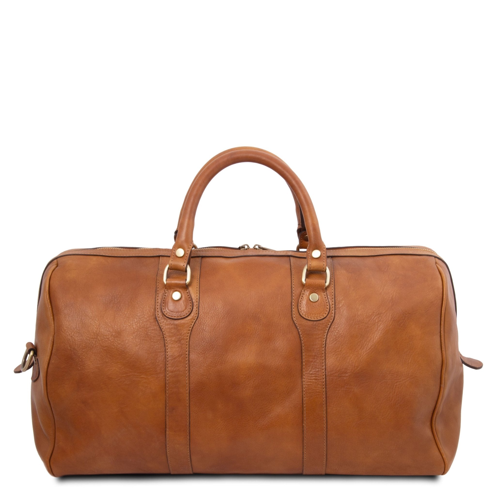 Oslo Travel Leather Weekender Duffle Bag in Cognac on a white background, front view - L'Atelier Global