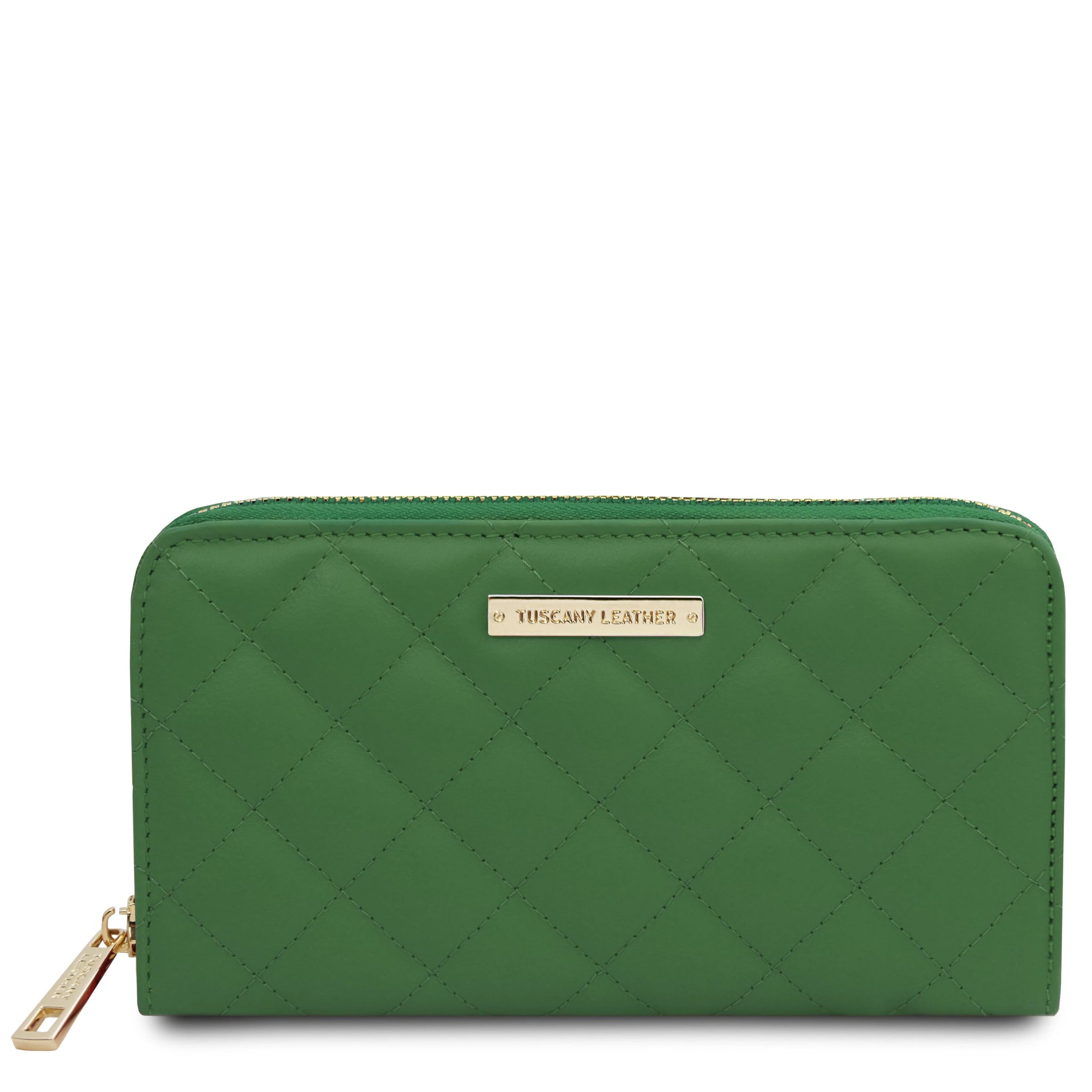Front view Penelope Exclusive Zip Around Italian Leather Wallet in green on a white background 