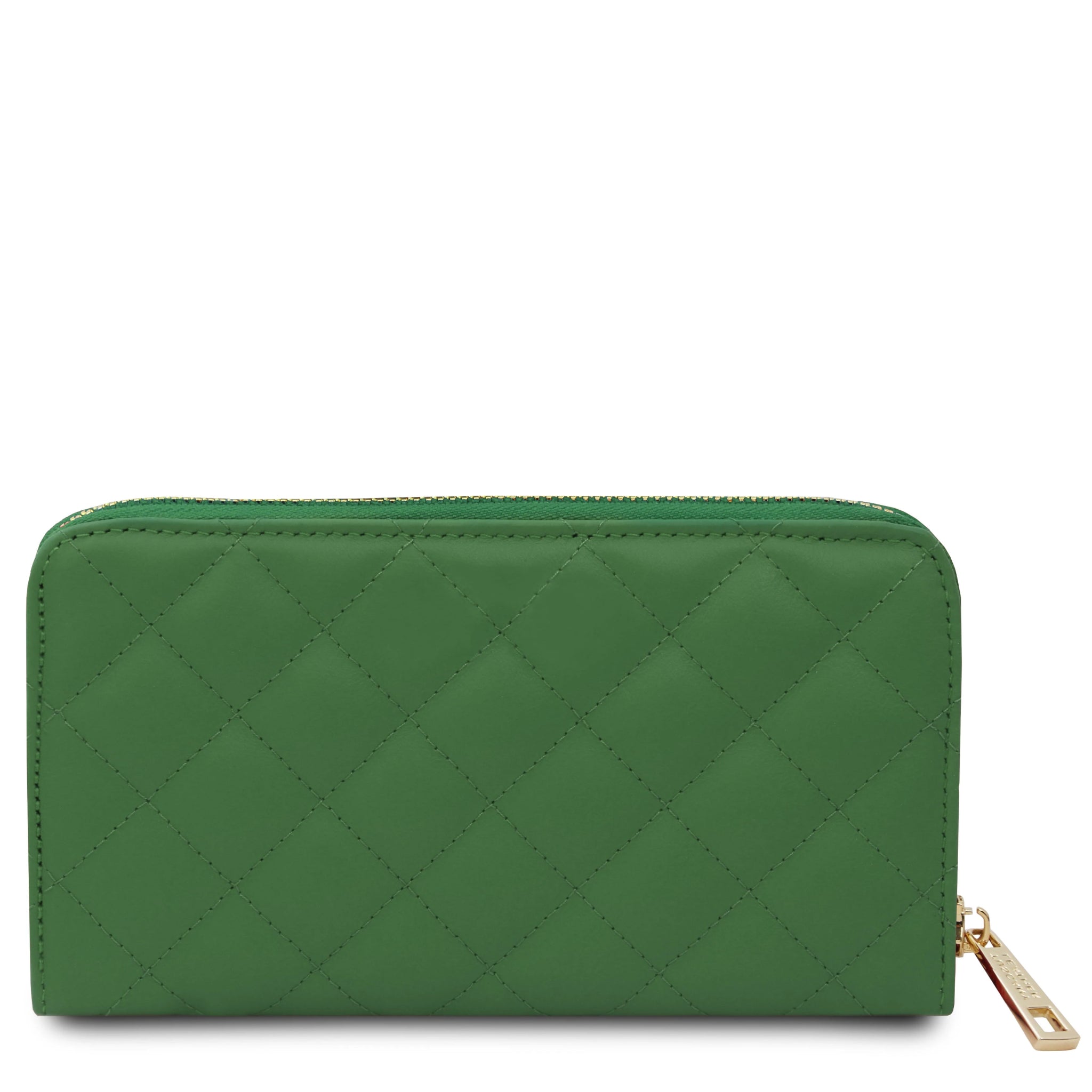 Back view Penelope Exclusive Zip Around Italian quilted Leather Wallet in green on a white background 