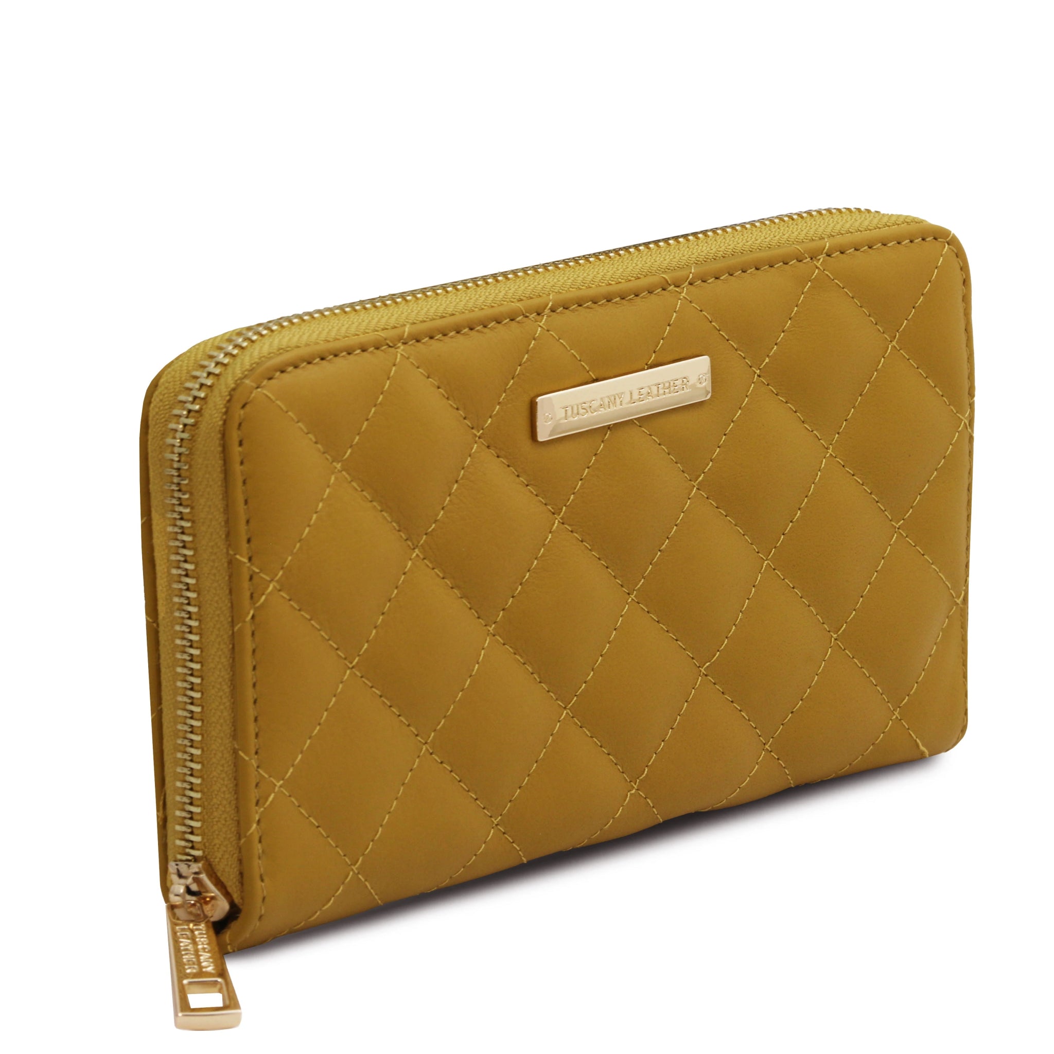 Front side view Penelope Exclusive Zip Around Italian quilted Leather Wallet in mustard on a white background 