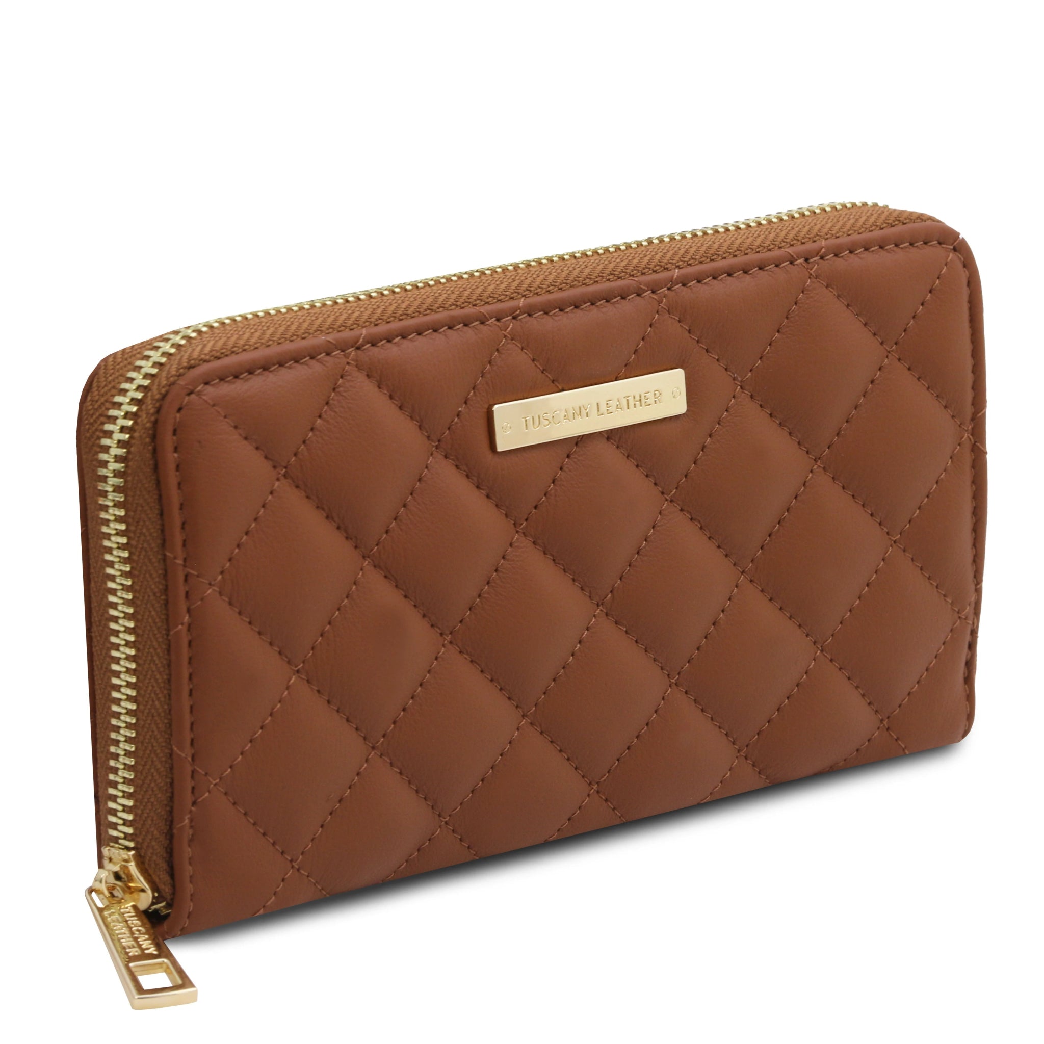 Front side view Penelope Exclusive Zip Around Italian quilted Leather Wallet in cognac on a white background 