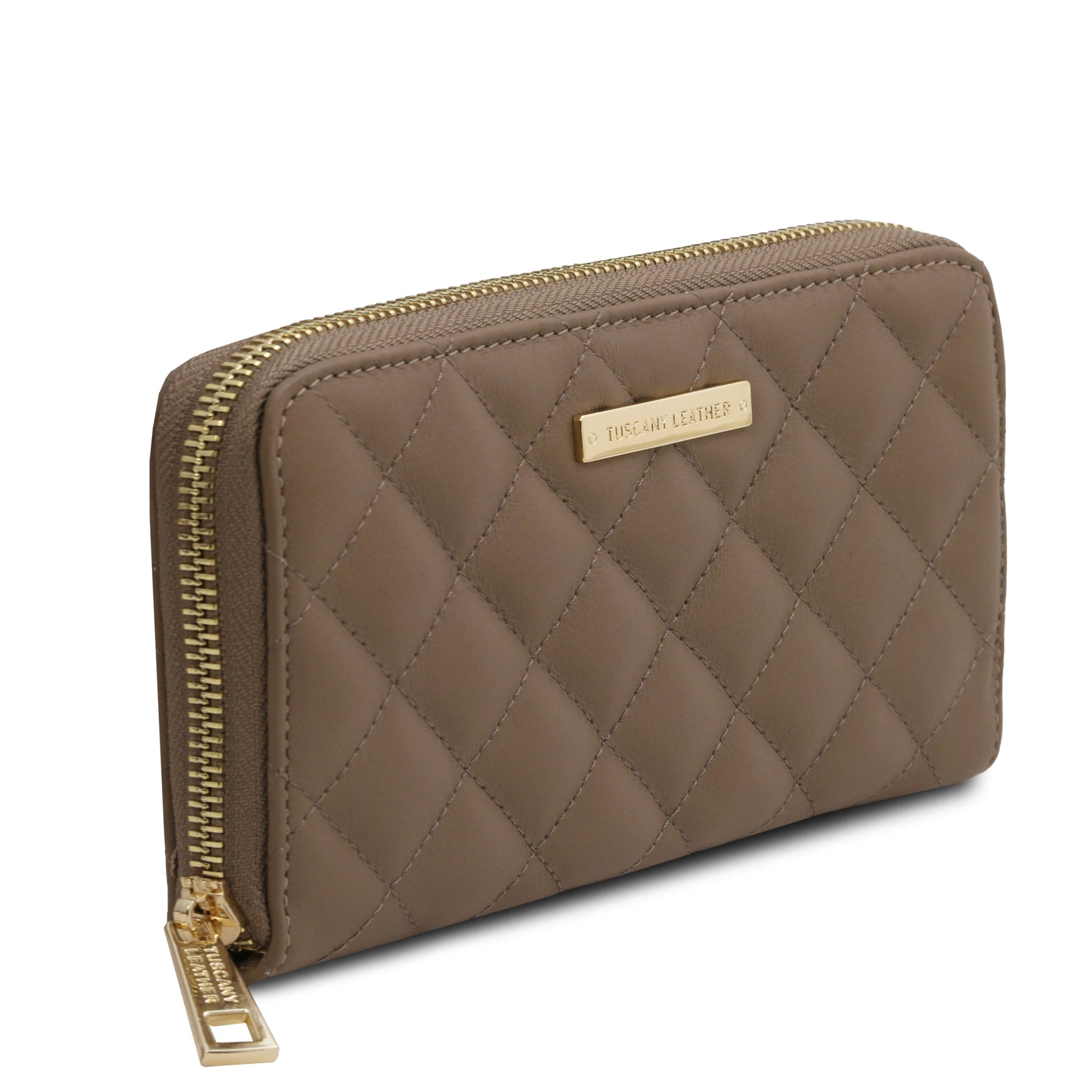 Front side view Penelope Exclusive Zip Around Italian quilted Leather Wallet in dark taupe on a white background 