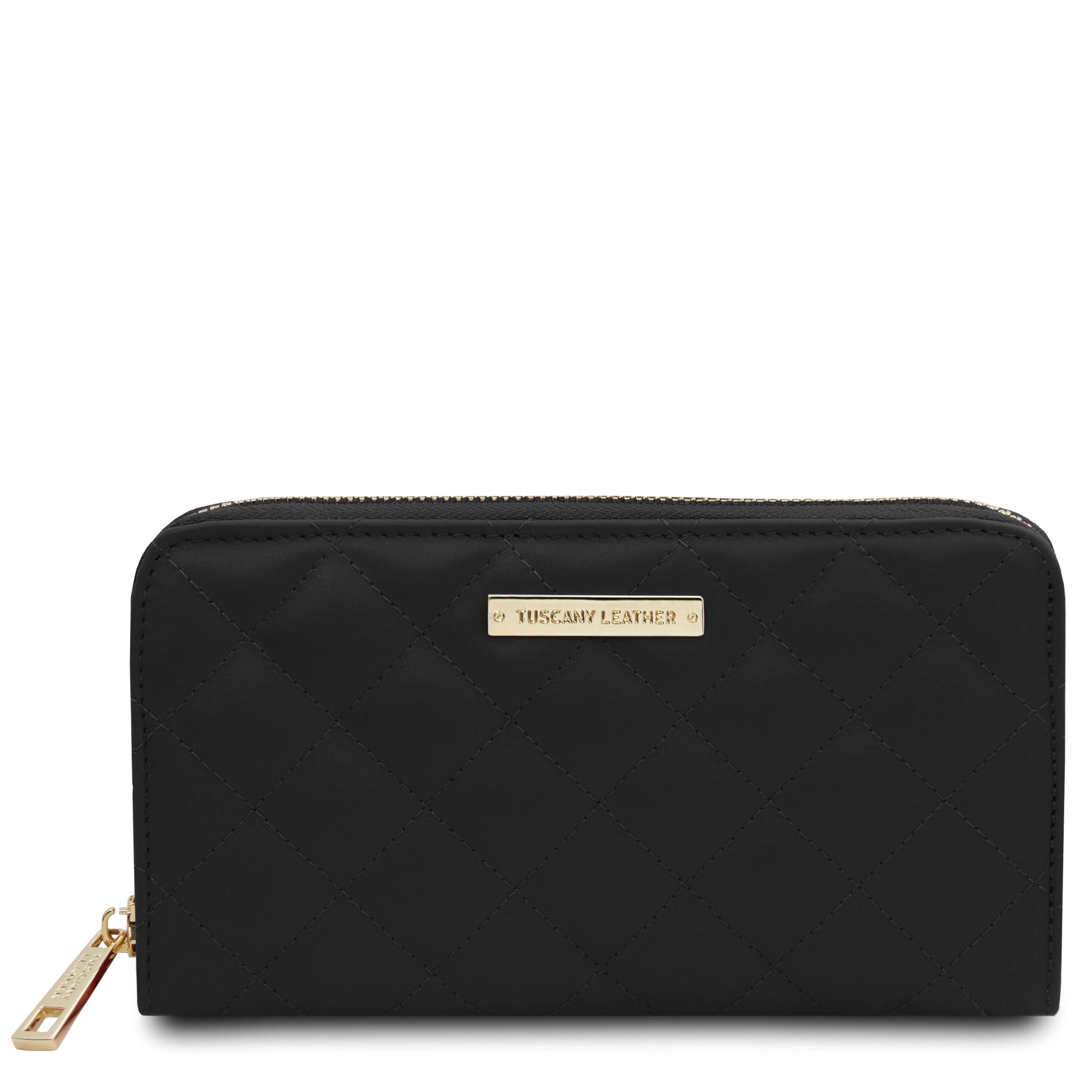 Front view Penelope Exclusive Zip Around Italian Leather Wallet in black on a white background 