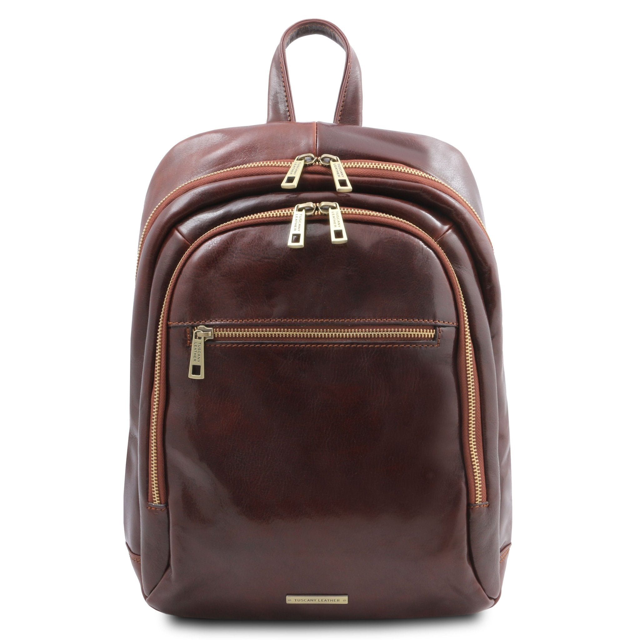 Perth Two Compartments Leather Backpack in Brown showing Front Compartment, front zippered pocket and gold zippers