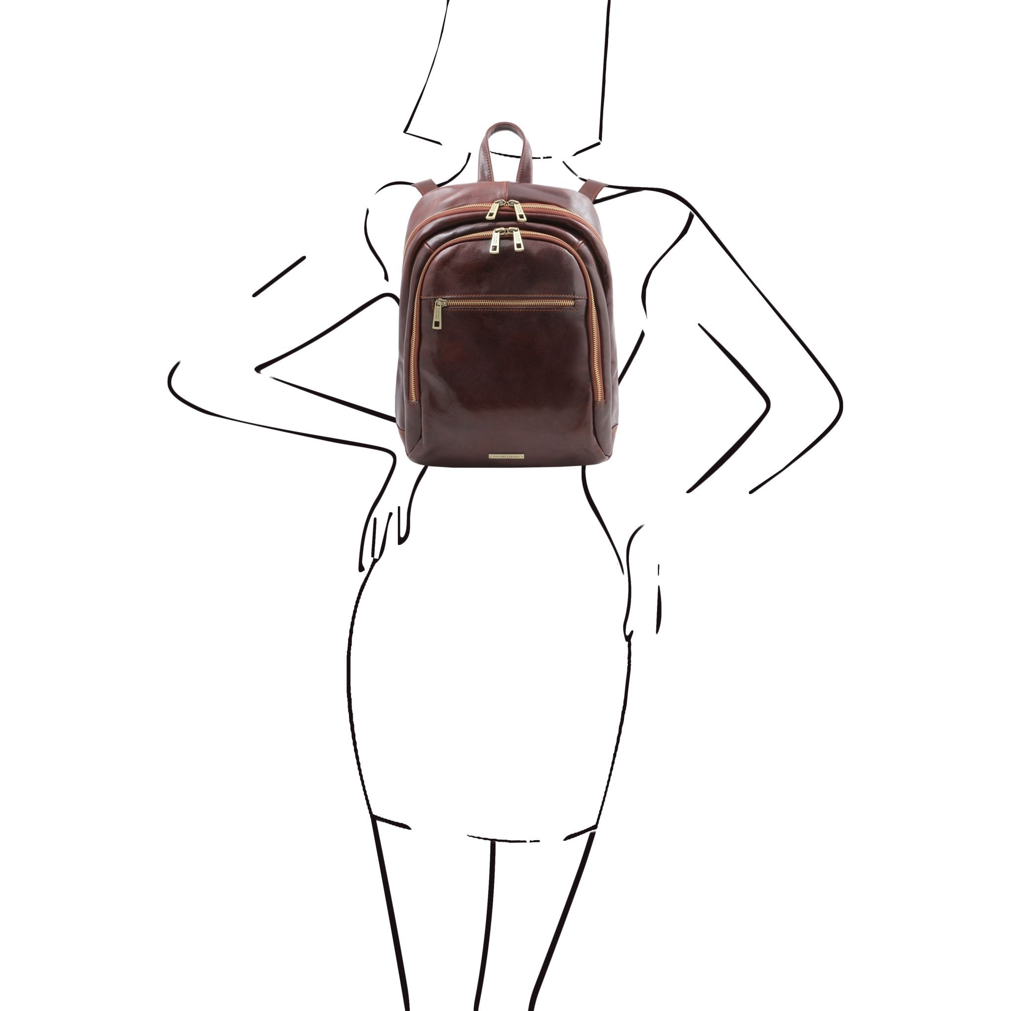 Black and white sketch female Male model wearing Perth Two Compartments Leather Backpack in Brown on his back