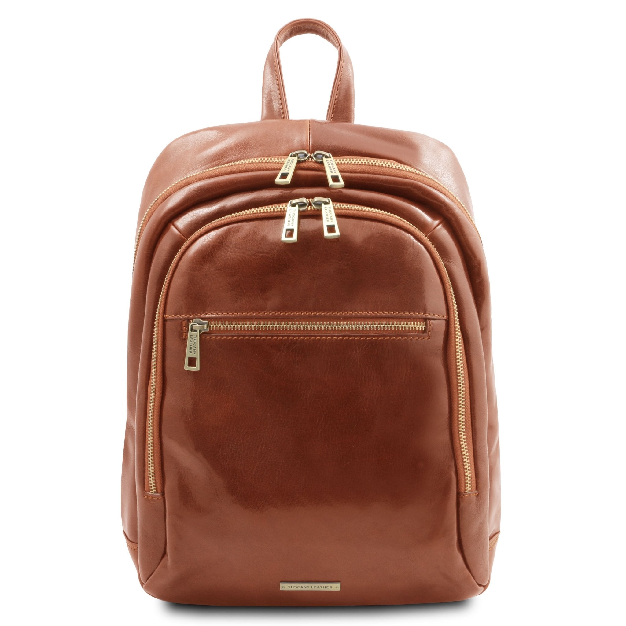 Perth Two Compartments Leather Backpack in Honey showing Front Compartment, front zippered pocket and gold zippers