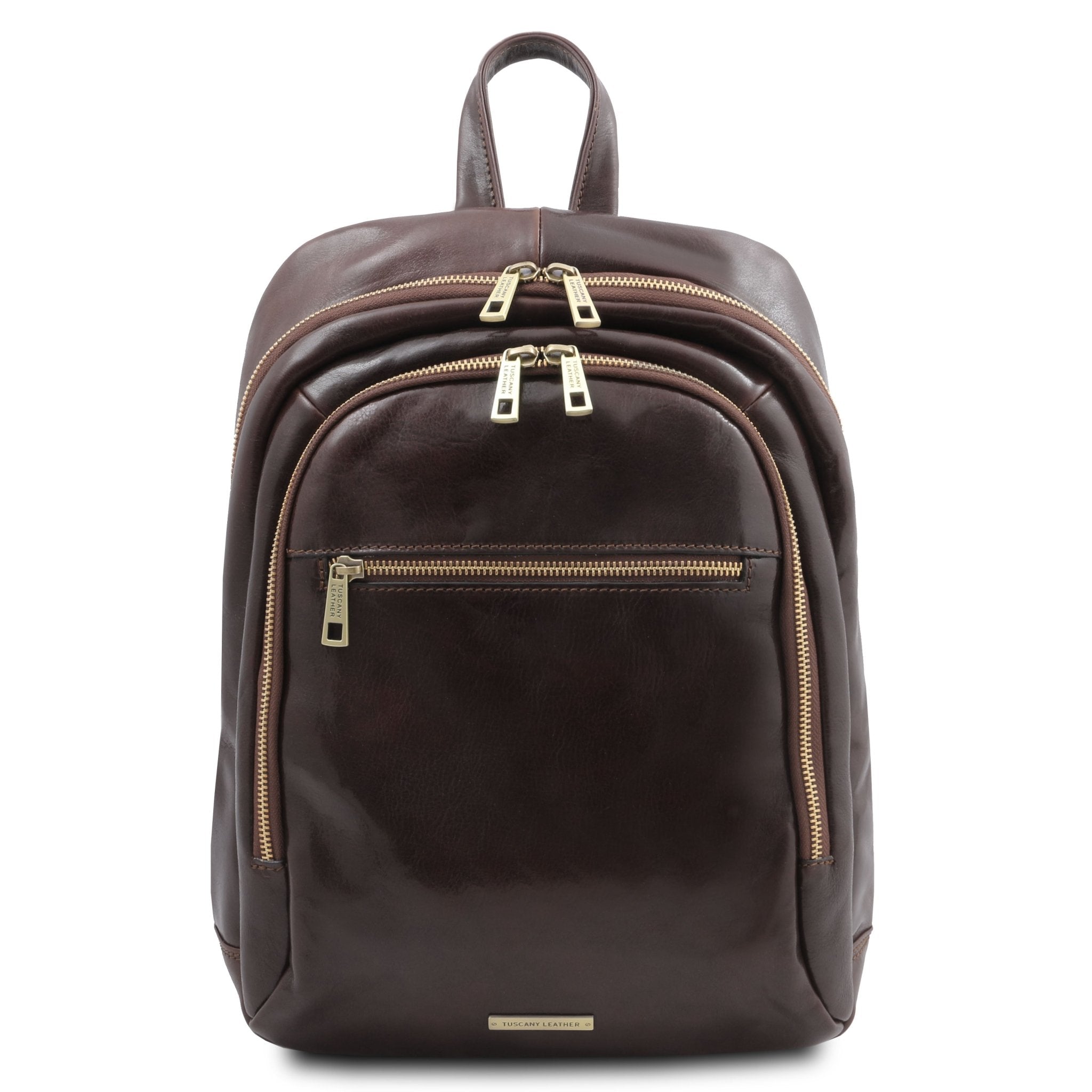 Perth Two Compartments Leather Backpack in Dark Brown showing Front Compartment, front zippered pocket and gold zippers