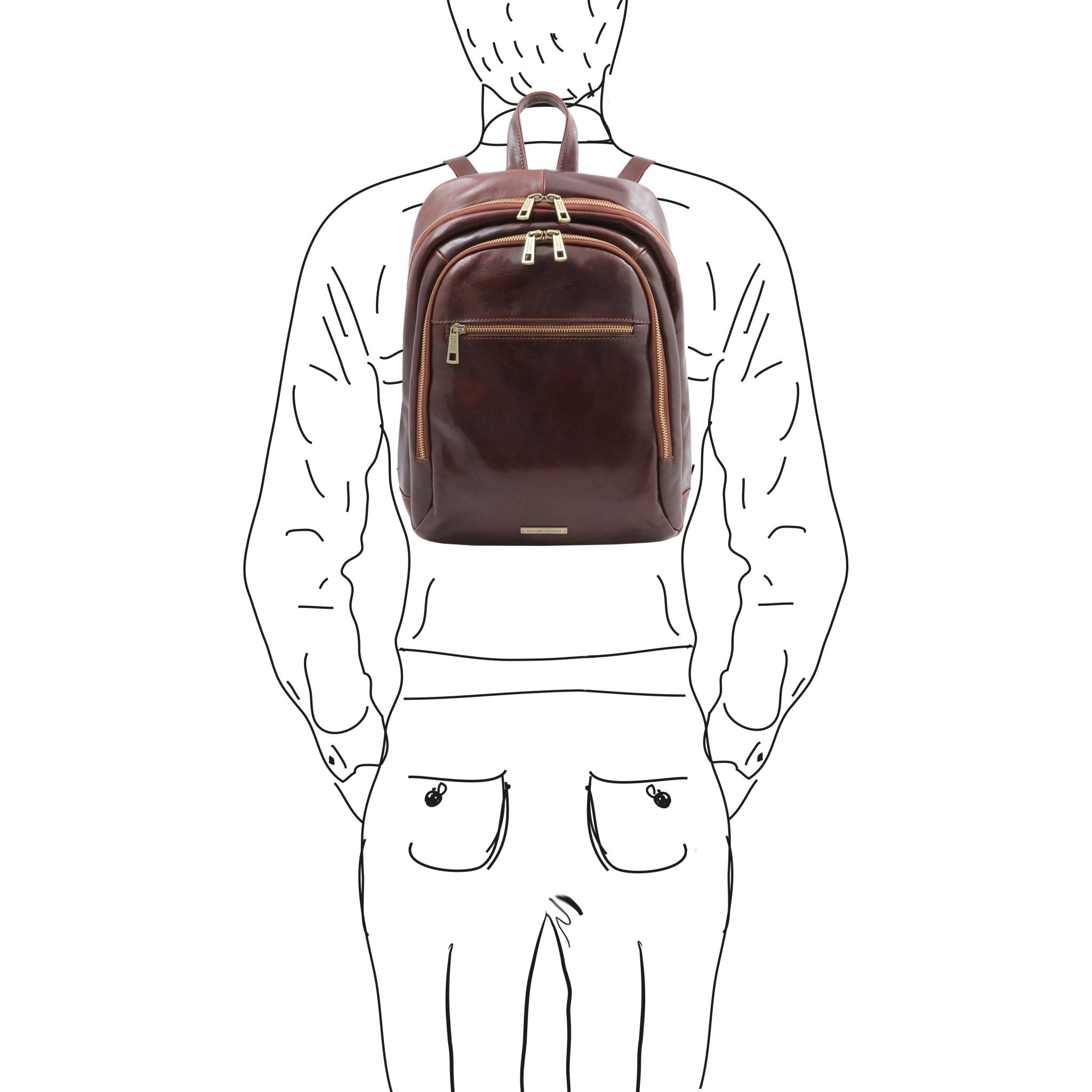 Black and white sketch of Male model wearing Perth Two Compartments Leather Backpack in Brown on his back