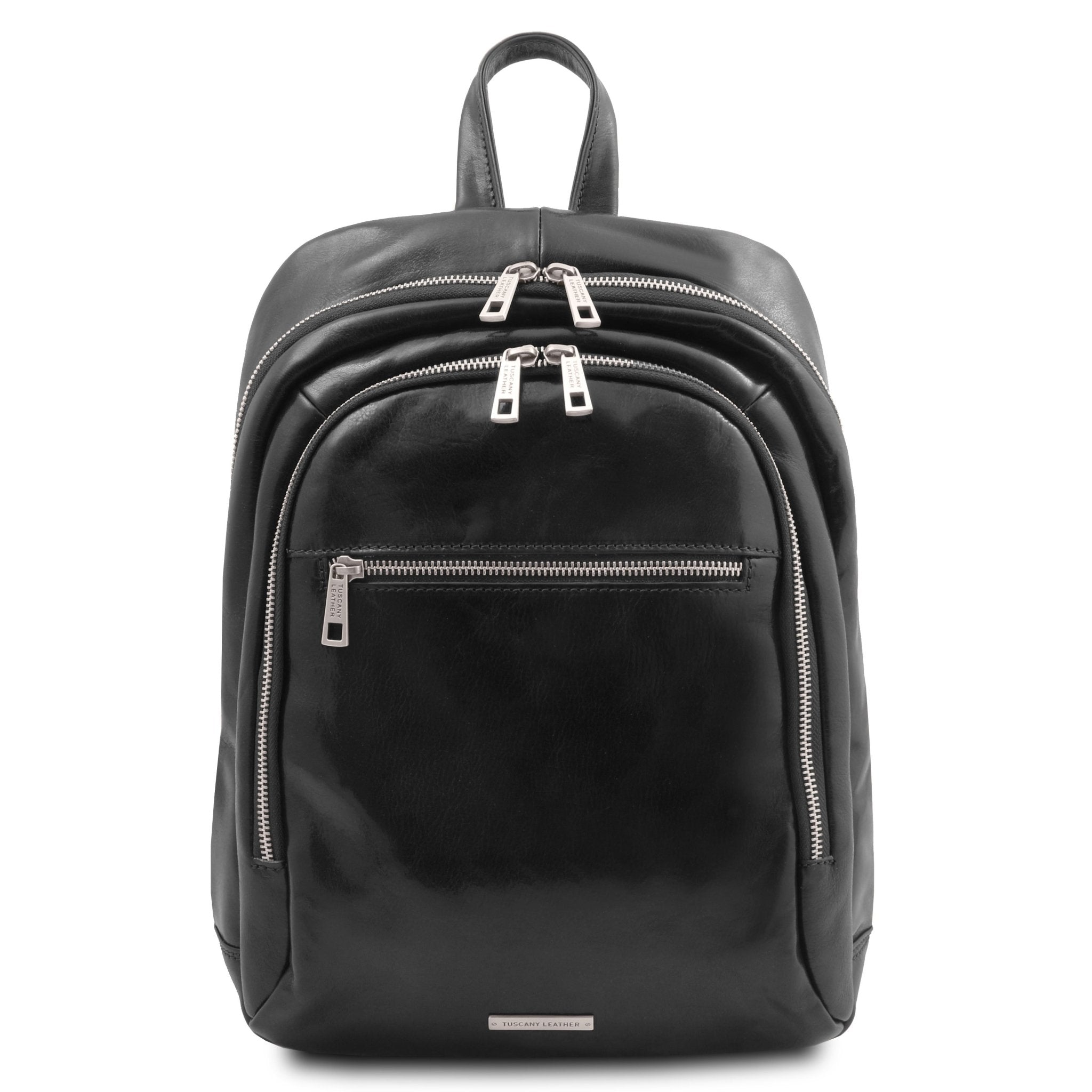 Perth Two Compartments Leather Backpack in Black showing Front Compartment, front zippered pocket and silver zippers