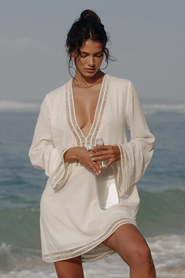 Positano Turkish Cotton Cover Up Dress with Lace in Natural - L'Atelier Global