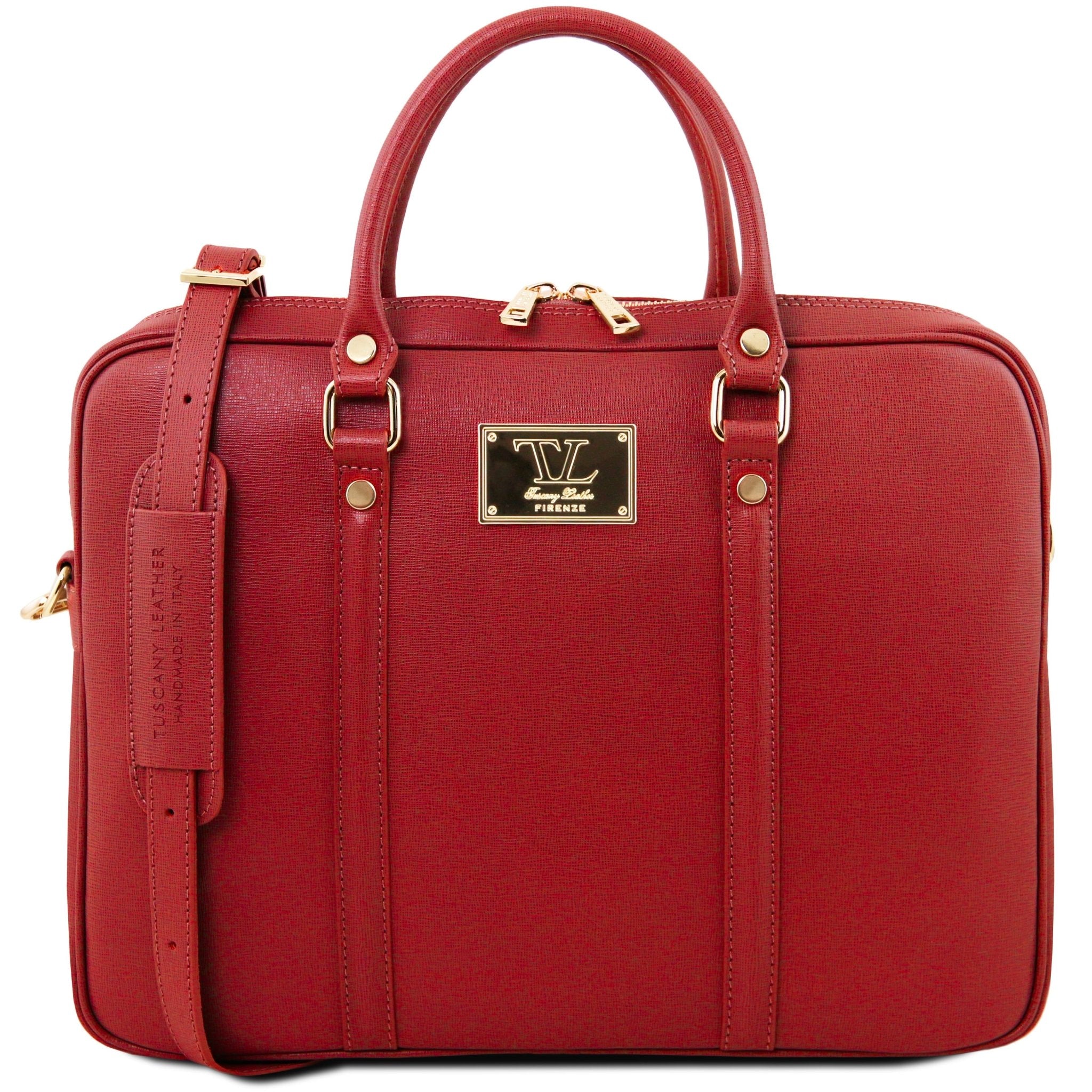 Prato Exclusive Saffiano Leather Laptop Case in red, front view, white background- L'Atelier Global