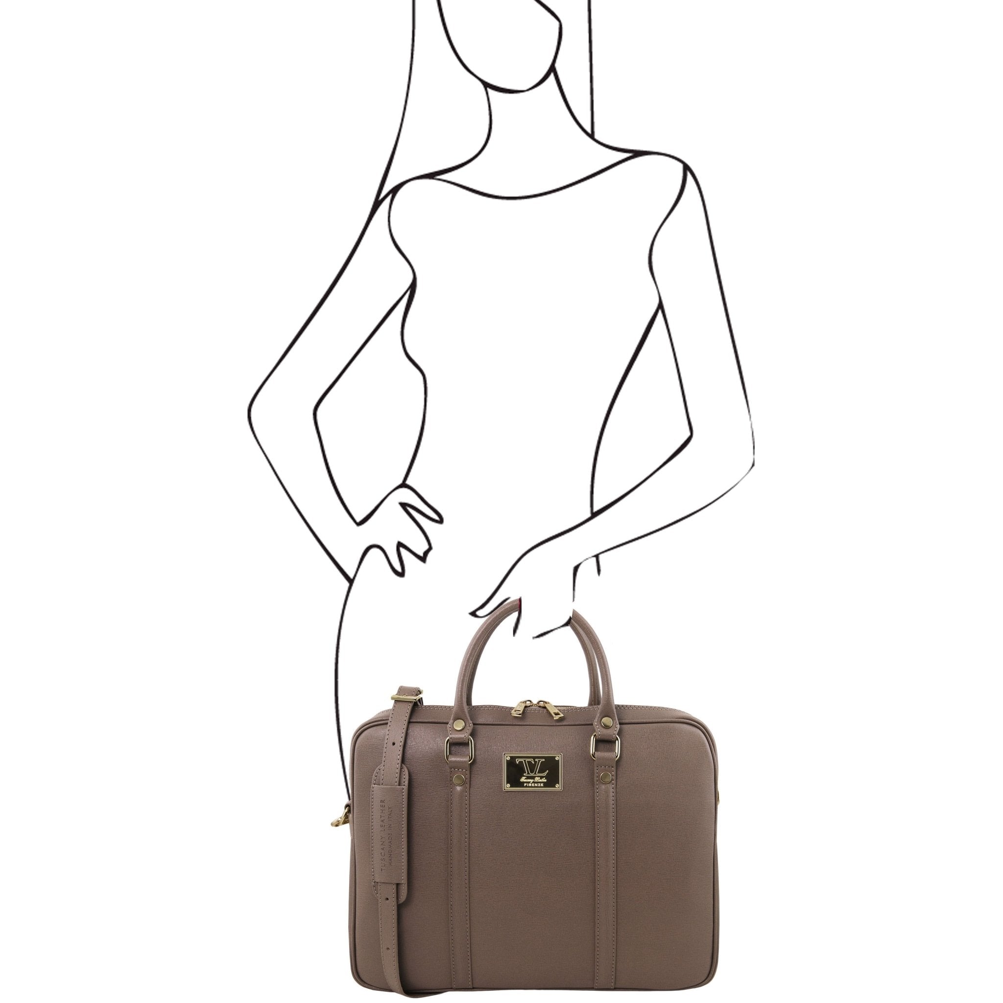 Prato Exclusive Saffiano Leather Laptop Case in Dark Taupe, sketch of a model holding bag to shoe scale - L'Atelier Global