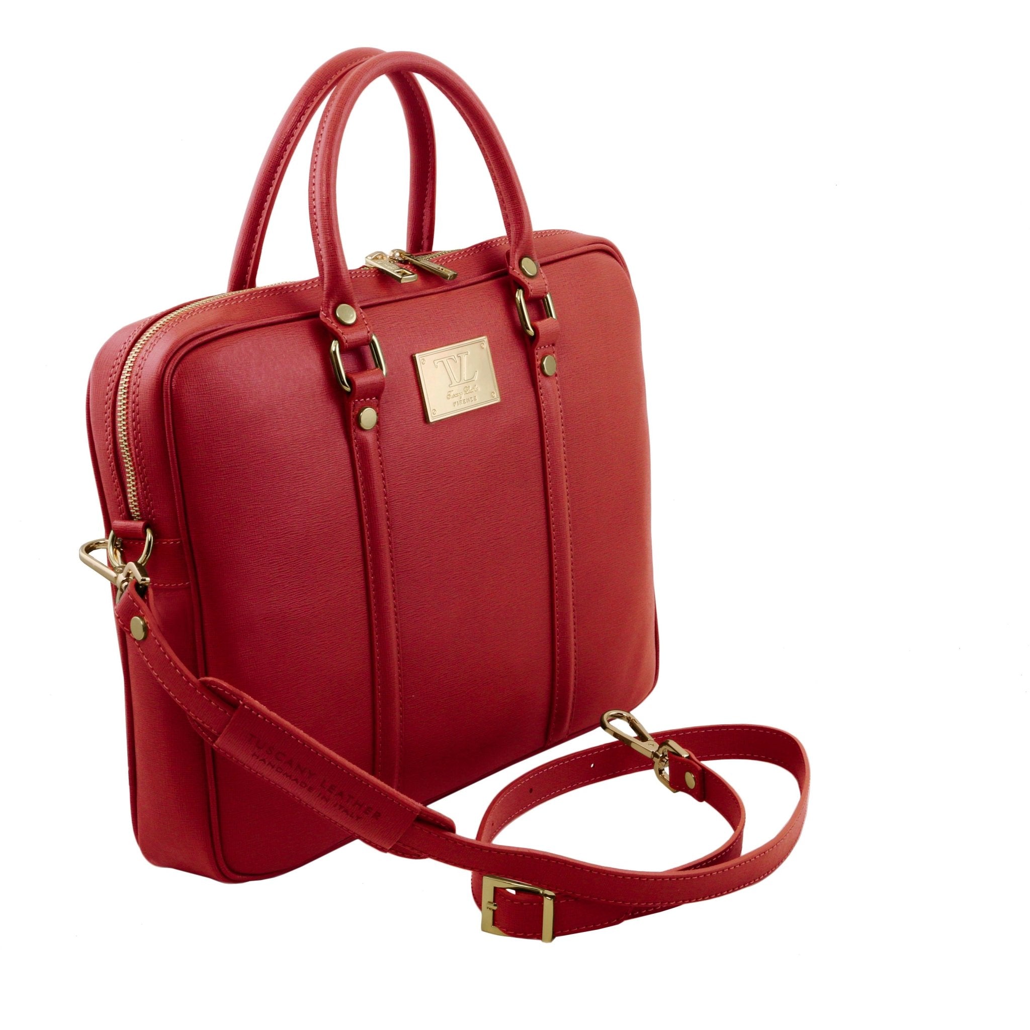 Prato Exclusive Saffiano Leather Laptop Case in red, side view with shoulder strap, white background - L'Atelier Global