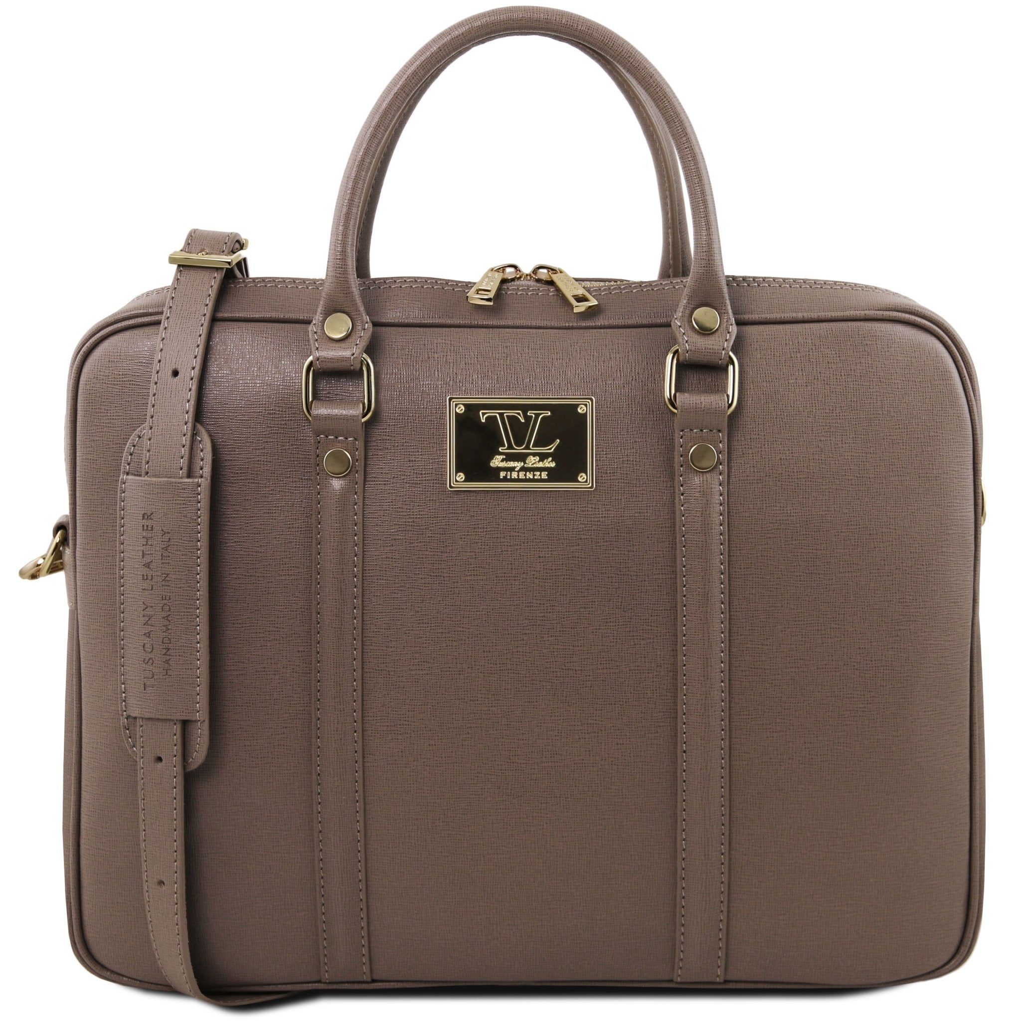 Prato Exclusive Saffiano Leather Laptop Case in Dark Taupe, front view, white background- L'Atelier Global