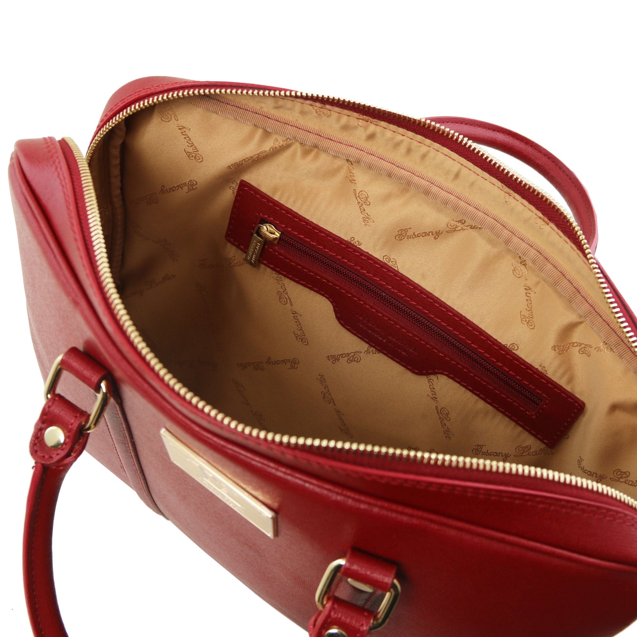 Prato Exclusive Saffiano Leather Laptop Case in red, interior view of zippered pocket, white background- L'Atelier Global