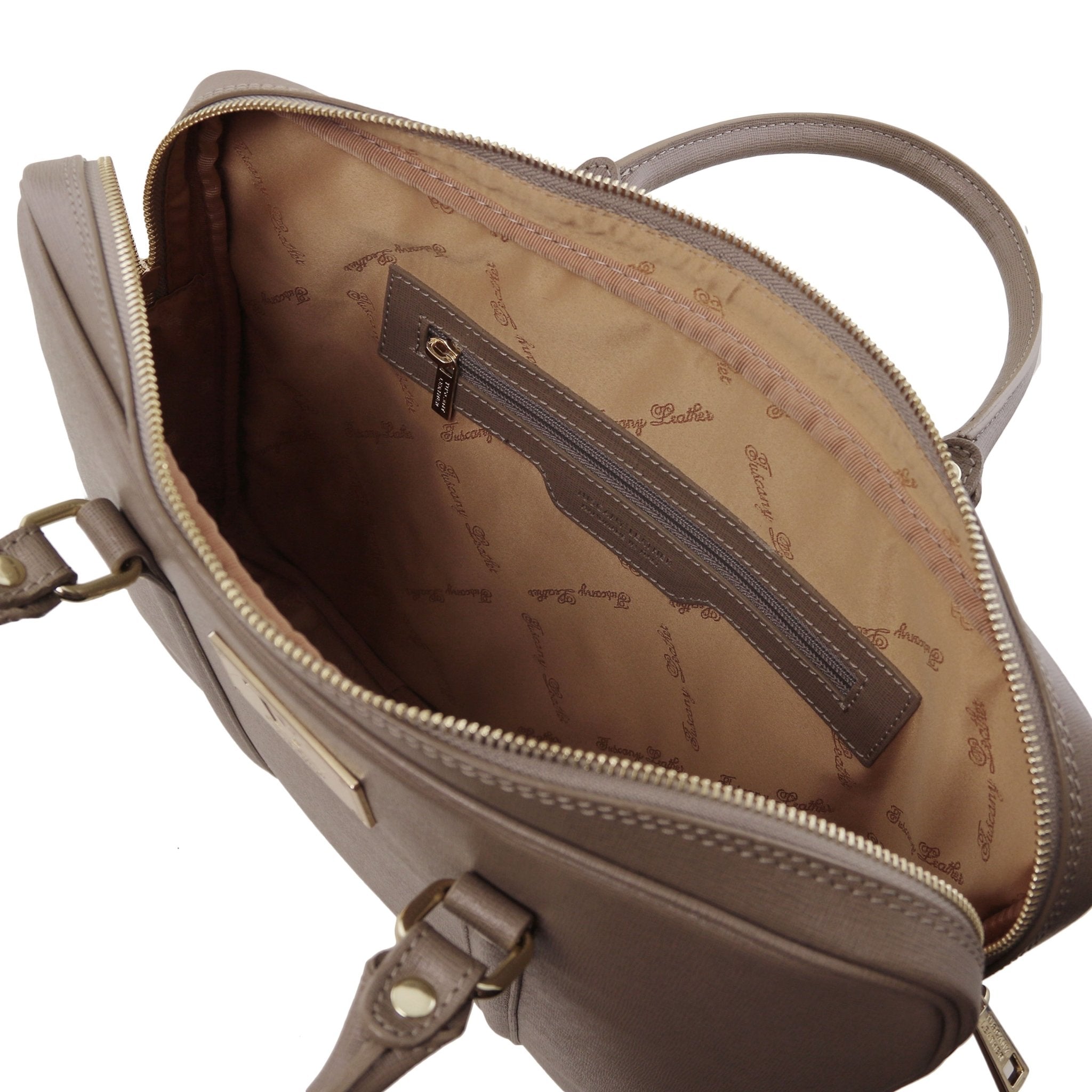 Prato Exclusive Saffiano Leather Laptop Case in Dark Taupe, interior view of zip pocket, white background- L'Atelier Global