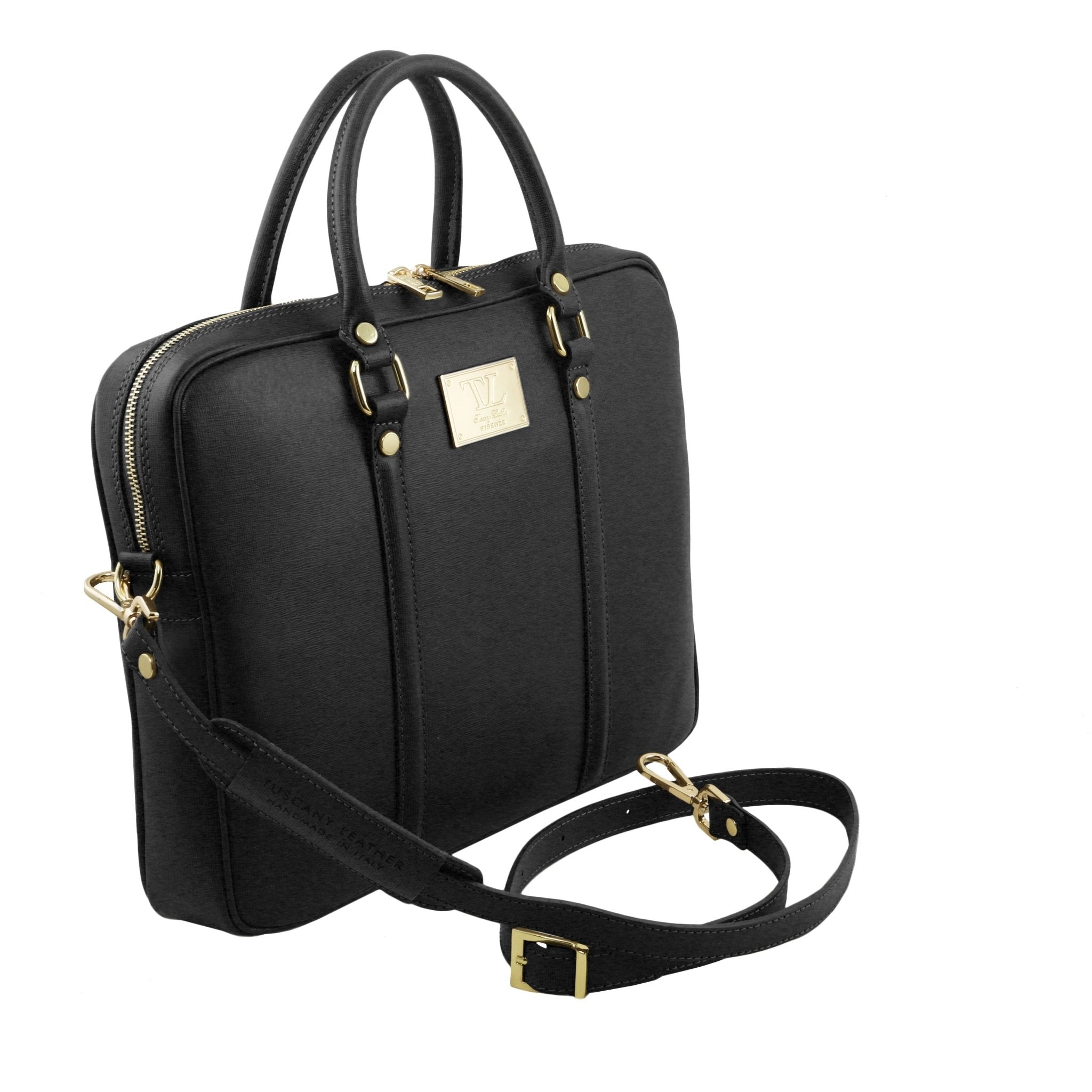 Prato Exclusive Saffiano Leather Laptop Case in black, side view with shoulder strap, white background - L'Atelier Global