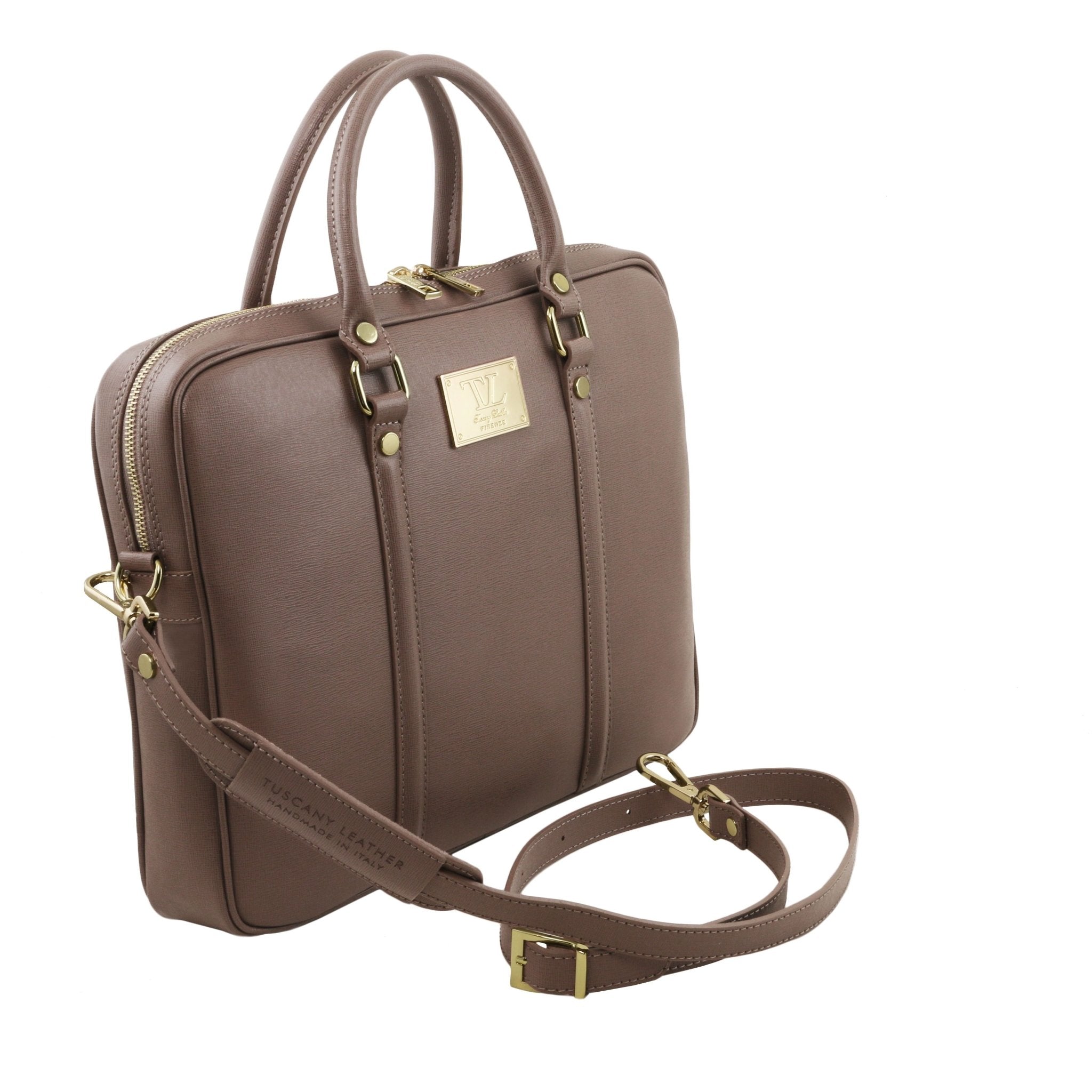 Prato Exclusive Saffiano Leather Laptop Case in Dark Taupe, side view with shoulder strap, white background- L'Atelier Global