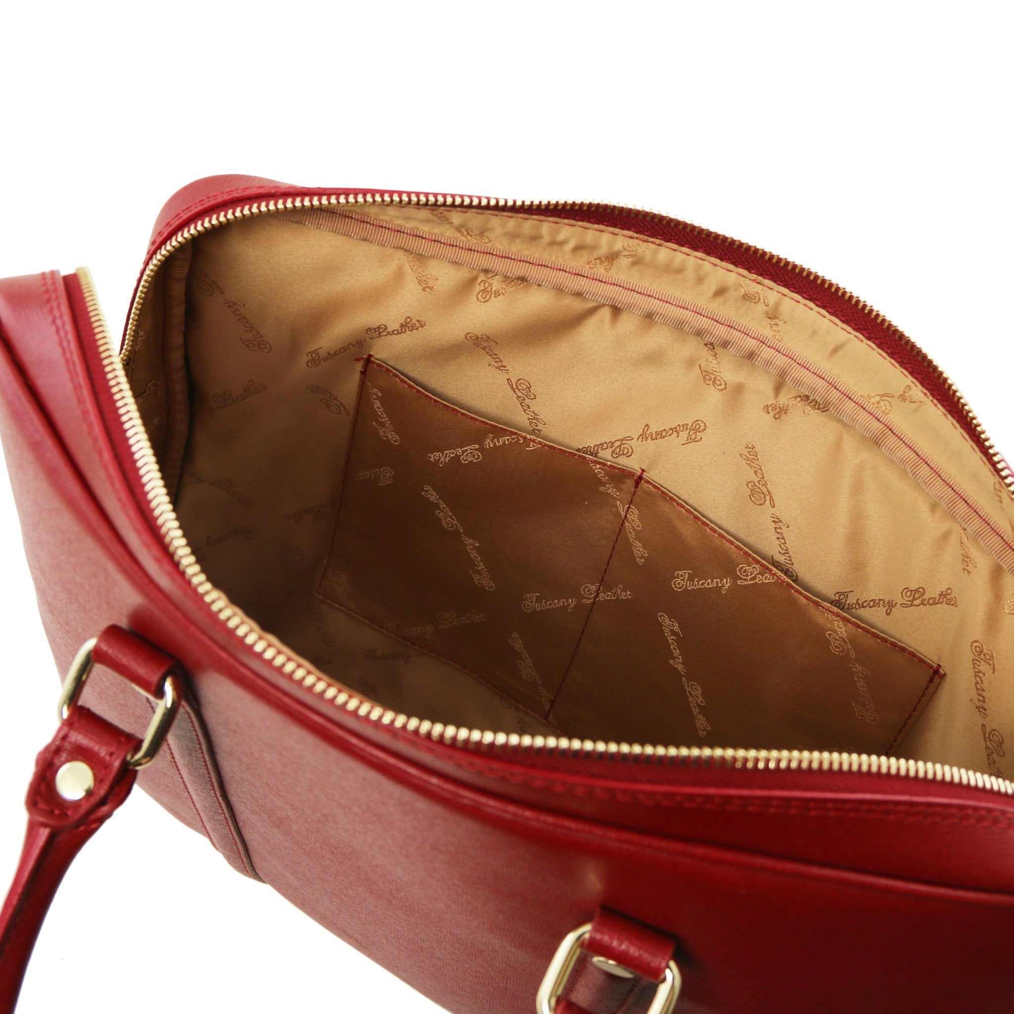 Prato Exclusive Saffiano Leather Laptop Case in red, side view with shoulder strap, white background - L'Atelier Global