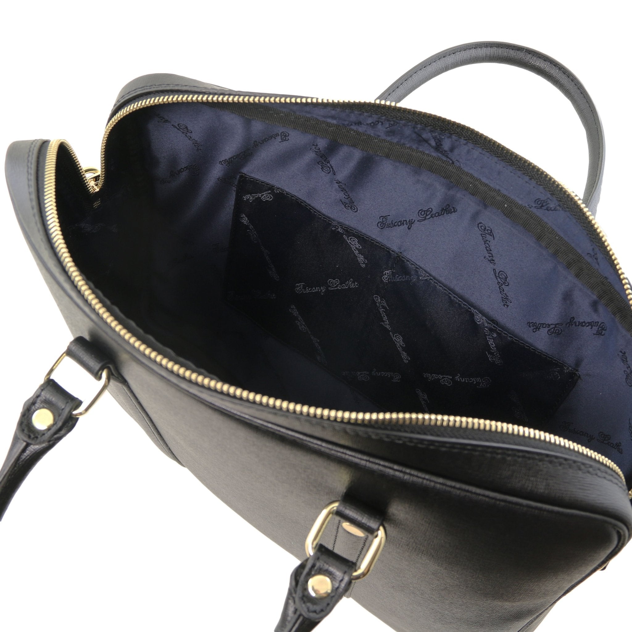 Prato Exclusive Saffiano Leather Laptop Case in black, side view with shoulder strap, white background - L'Atelier Global