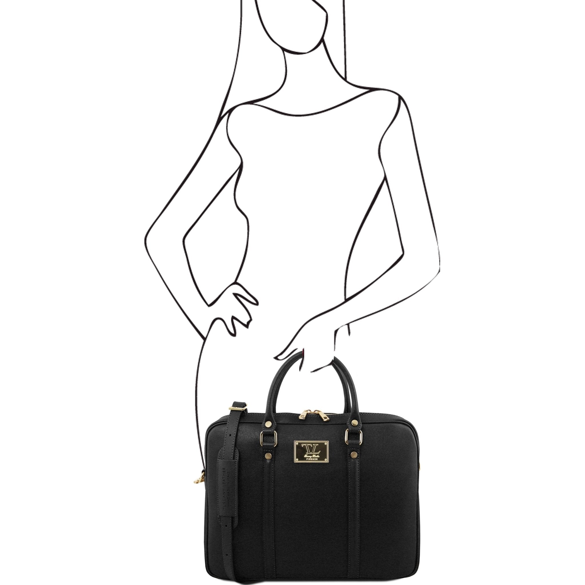 Prato Exclusive Saffiano Leather Laptop Case in black, sketch of a model holding bag to shoe scale - L'Atelier Global