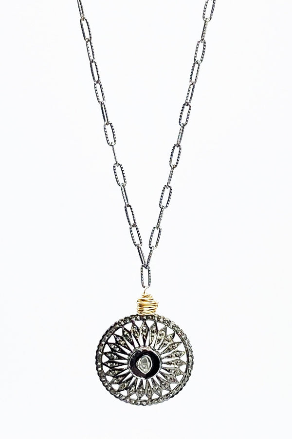 Rose Cut Diamond Coin Antique Silver Necklace - L'Atelier Global