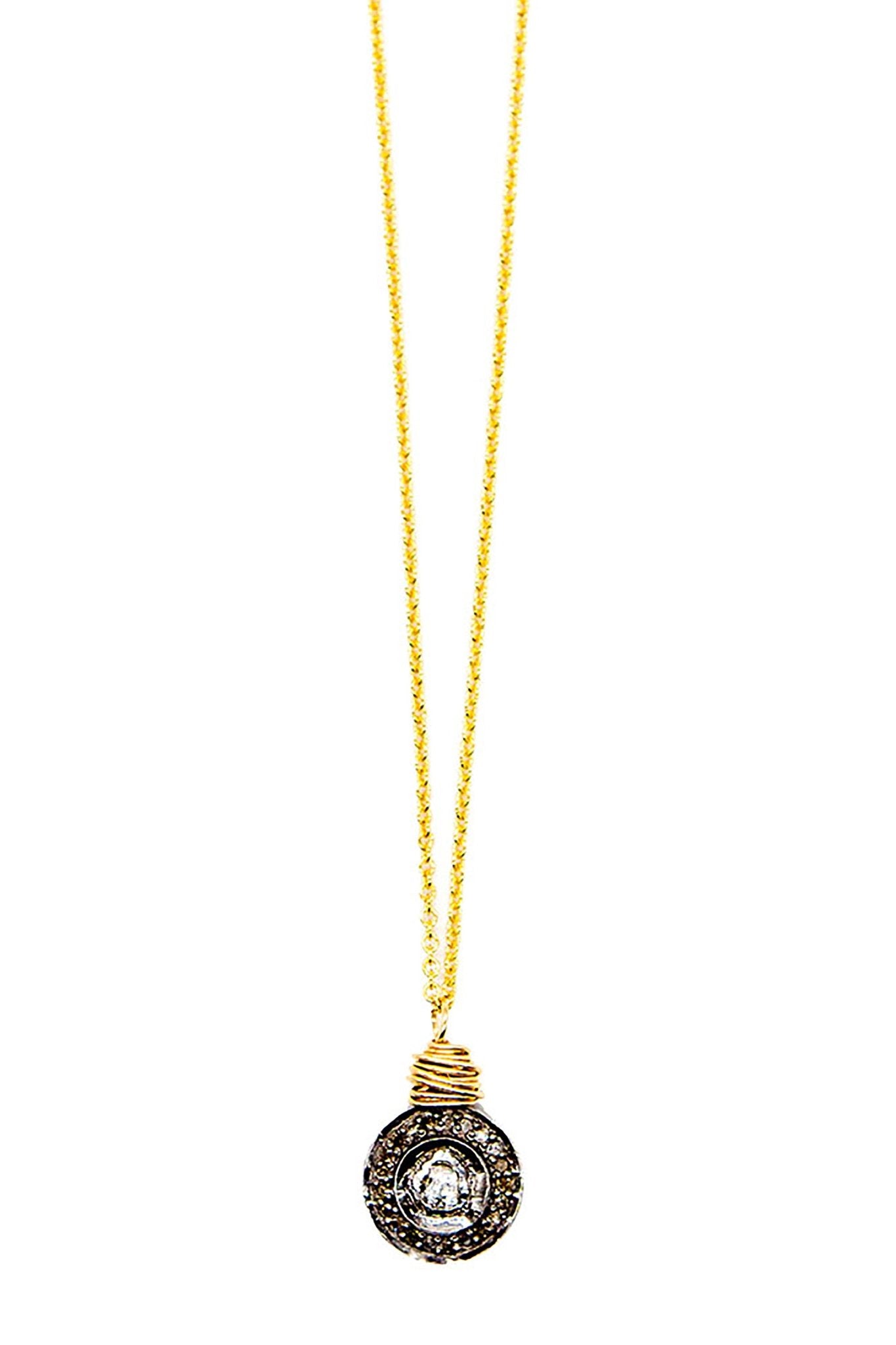 Rose Cut & Pave Diamond Round Gold Necklace hanging on a white background- L'Atelier Global