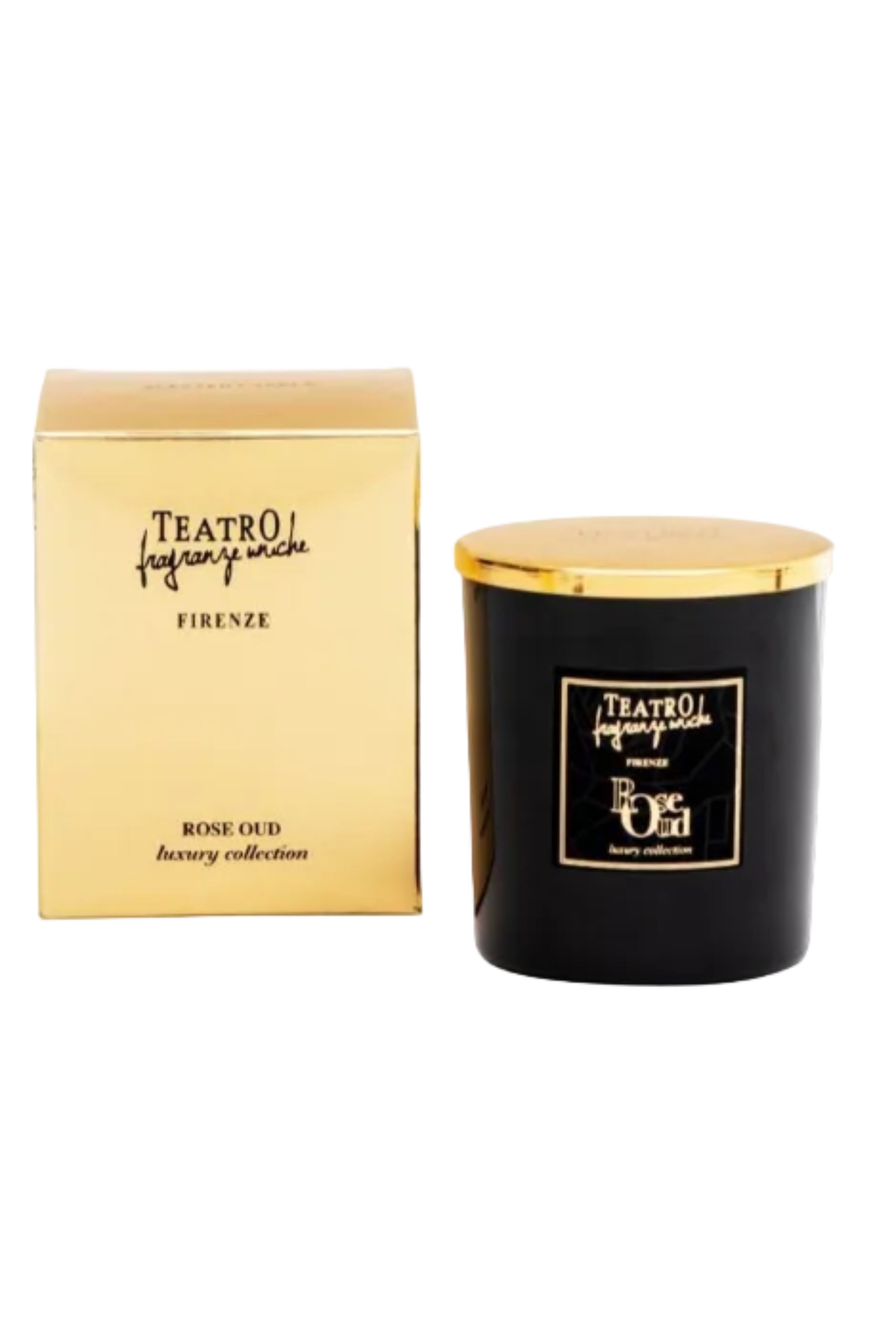Rose Oud Luxury Florentine Scented Italian black Candle with gold lid and gold shipping box