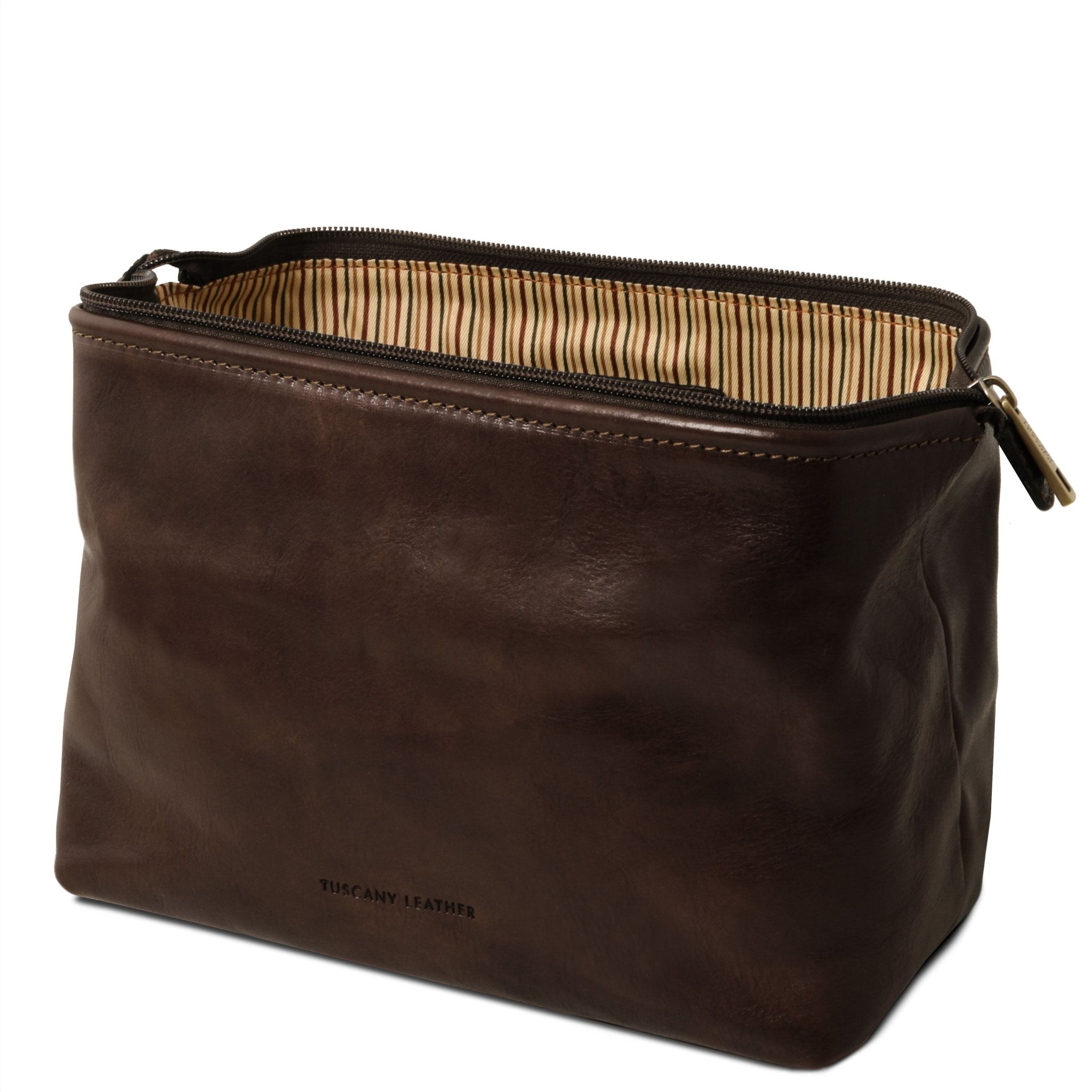 Smarty Leather Toilet Bag Large Size in Dark Brown Side View and Opened on a white background - L'Atelier Global