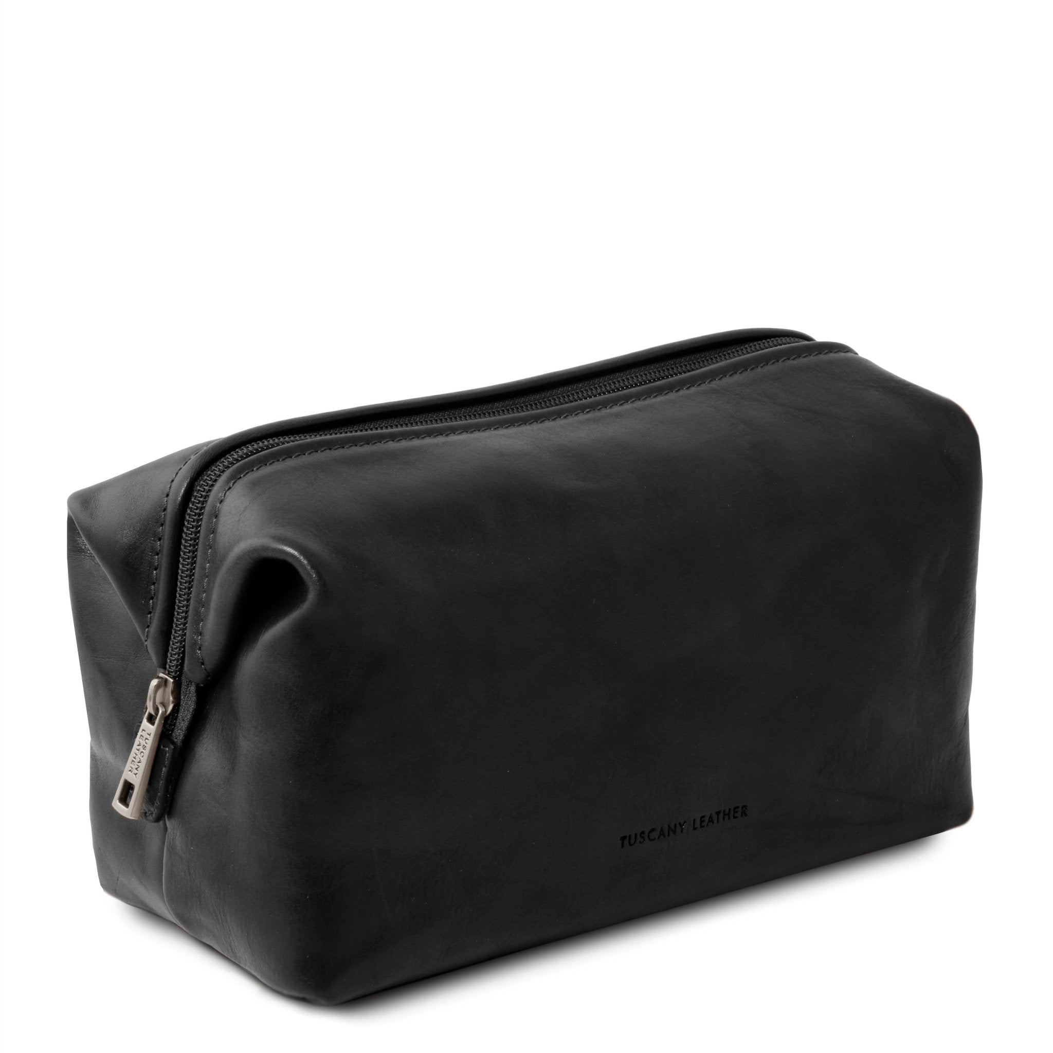 Smarty Leather Toilet Bag Large Size in Black Side View on a white background - L'Atelier Global