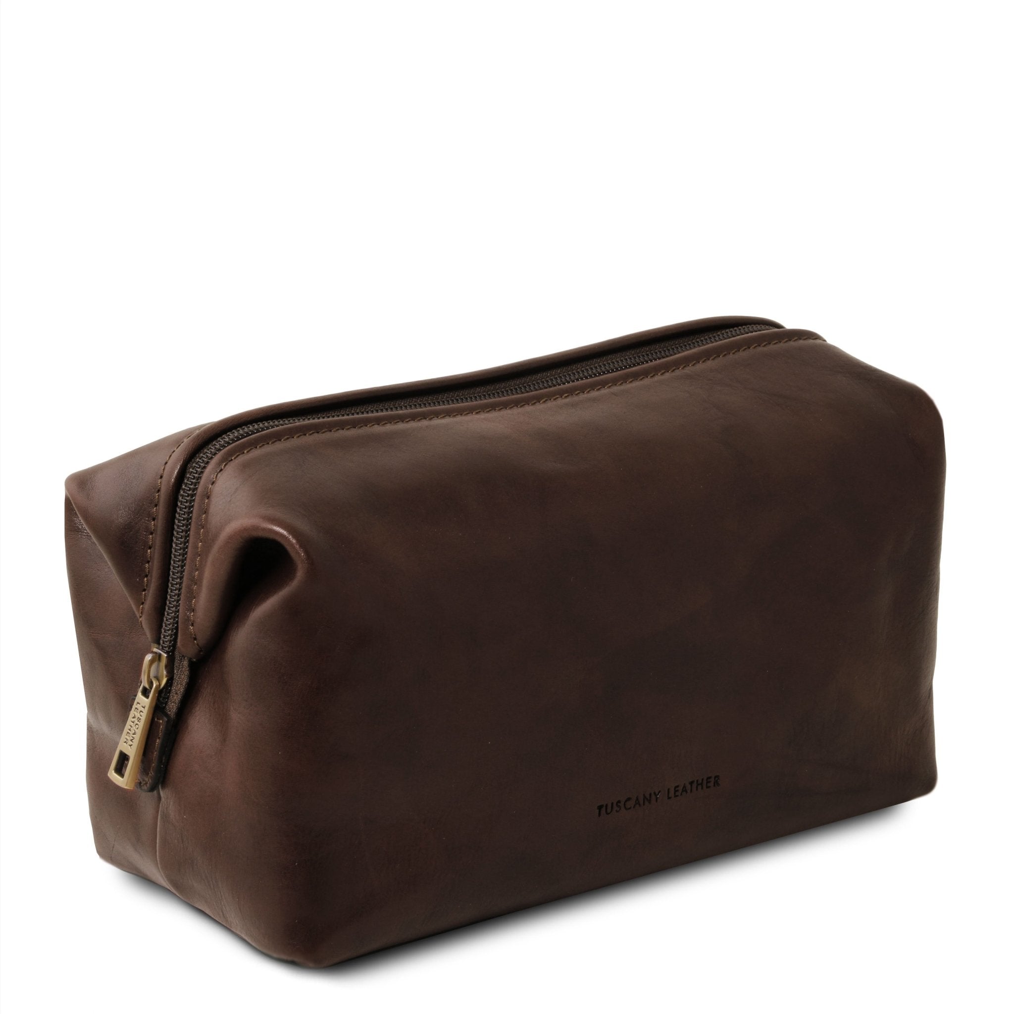 Smarty Leather Toilet Bag Large Size in Dark Brown Side View on a white background - L'Atelier Global