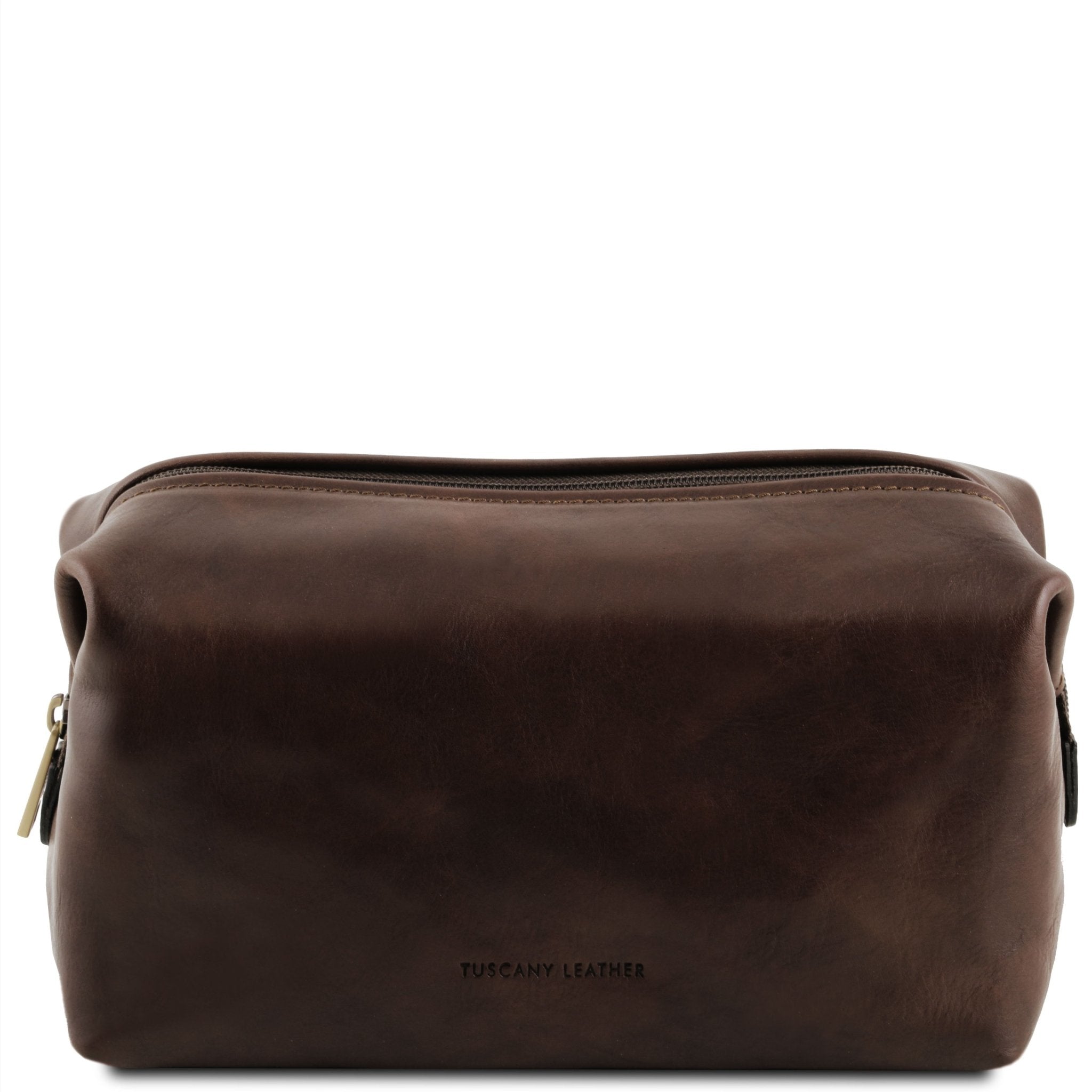 Smarty Leather Toilet Bag Large Size in Dark Brown Front View on a white background - L'Atelier Global