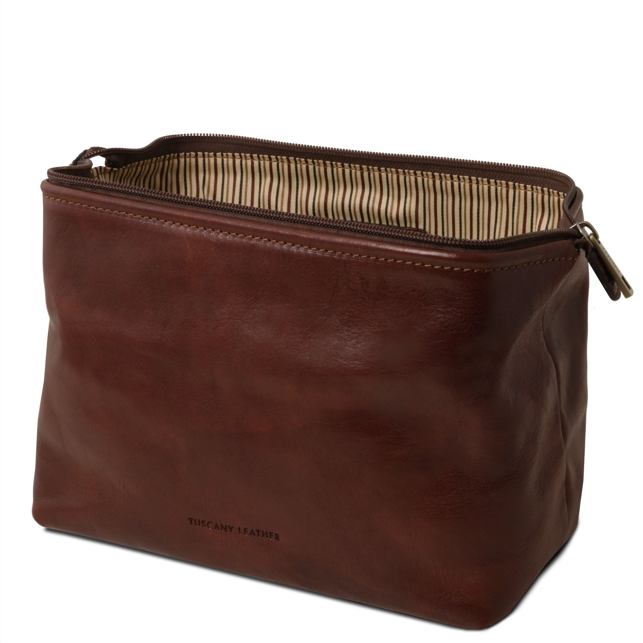 Smarty Leather Toilet Bag Large Size in Brown Side View and Opened on a white background - L'Atelier Global