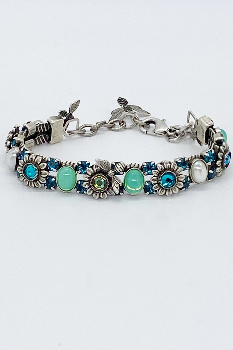 Sunflower and Bee Swarovski Crystal Bracelet in Blues & Greens - L'Atelier Global