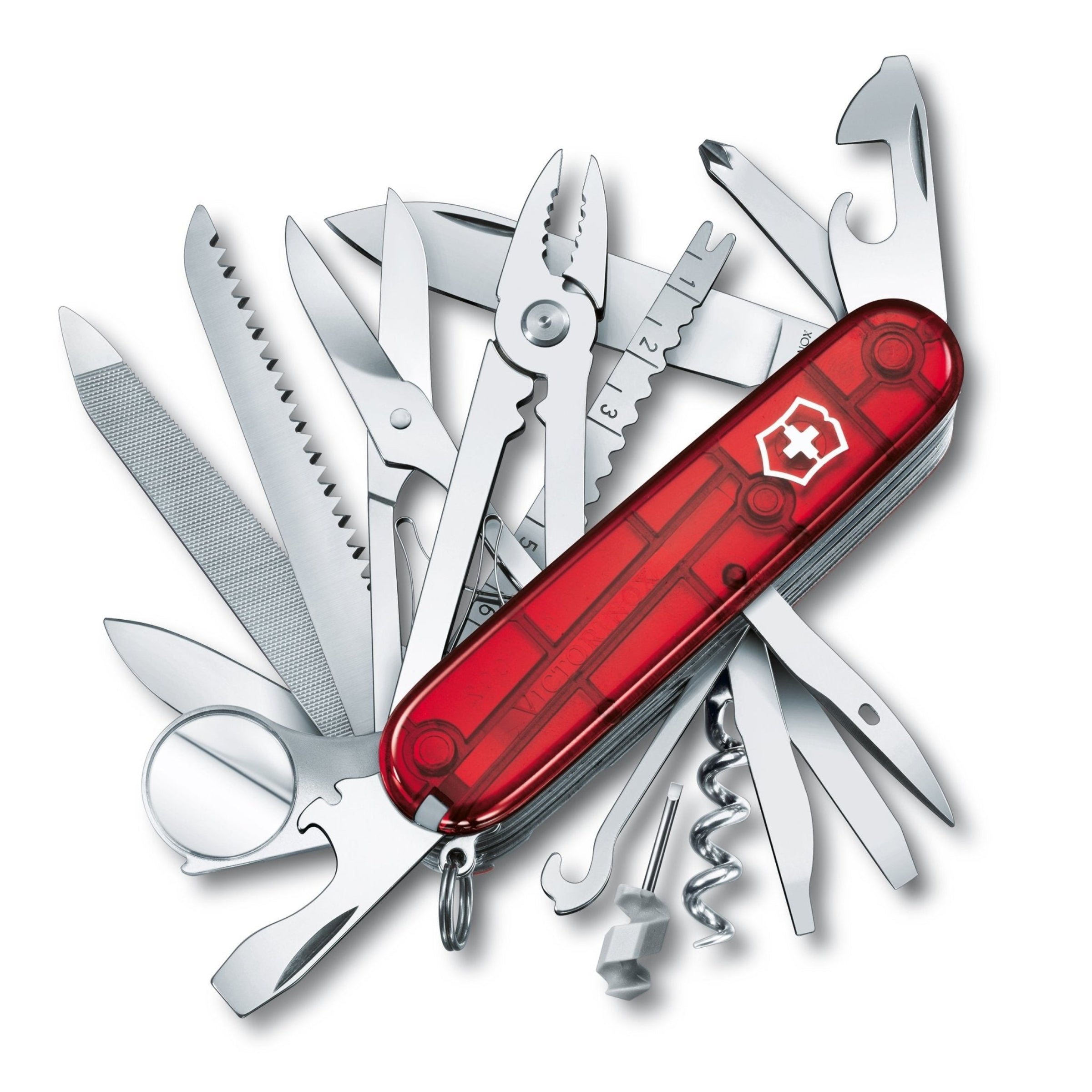 Swiss Champ Pocket Knife on a white background with all of its tools on display- L'Atelier Global