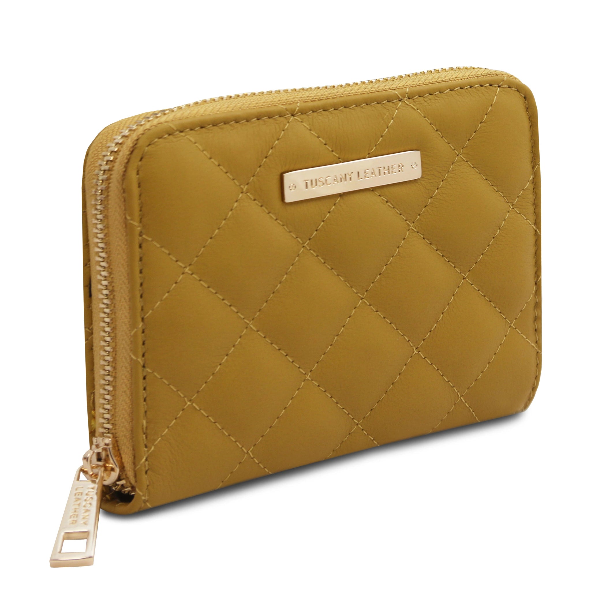Front View Teti Exclusive three side Zip Around Soft Italian Leather Wallet in Mustard on a white background