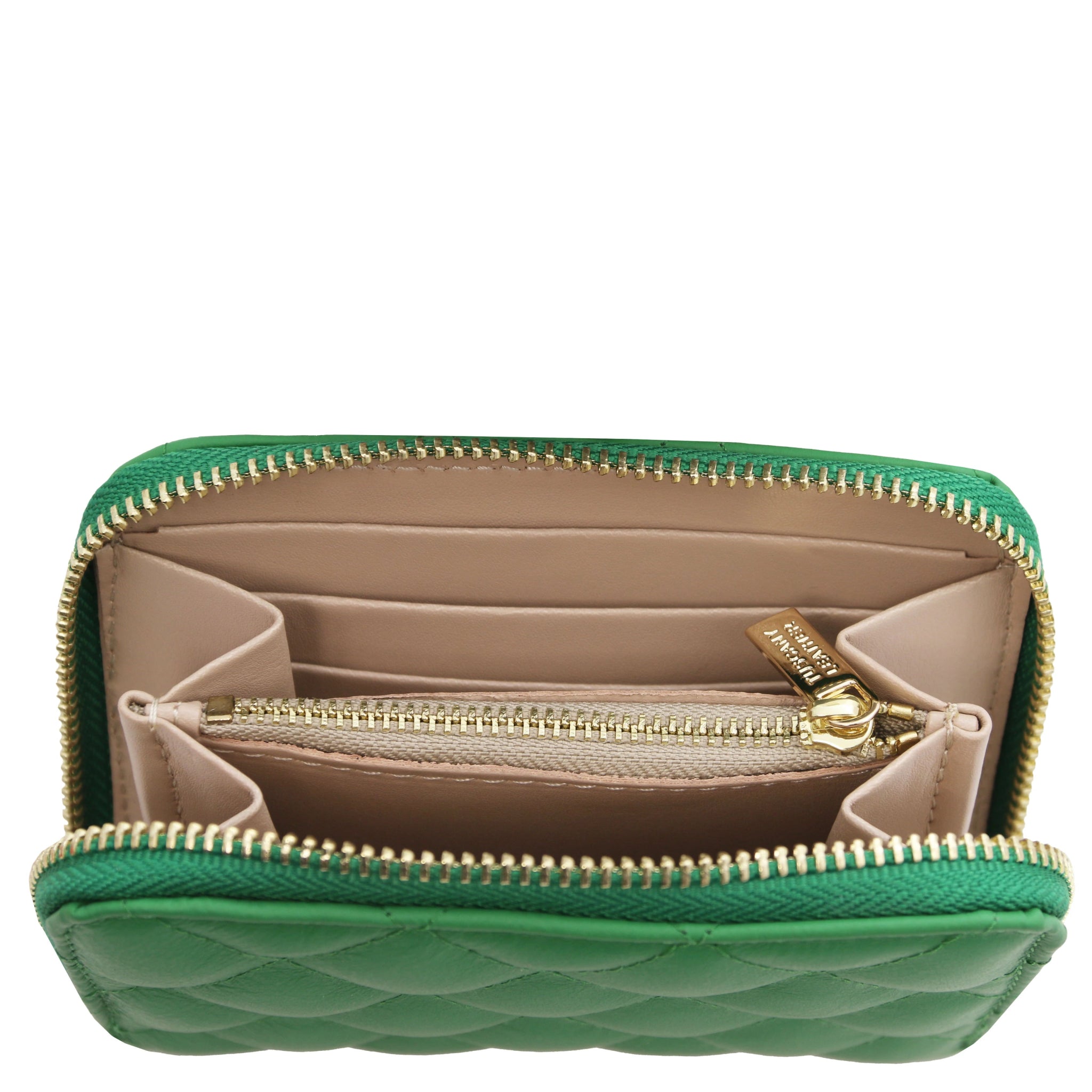 Top interior view Teti Exclusive Zip Around Soft Italian Leather Wallet in green showing coin pocket, card slots and  open compartment