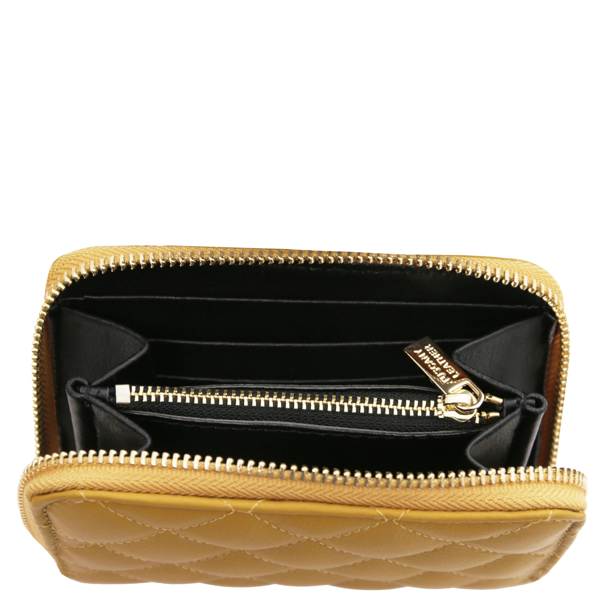 Top interior view Teti Exclusive Zip Around Soft Italian Leather Wallet in mustard showing coin pocket, card slots and open compartment