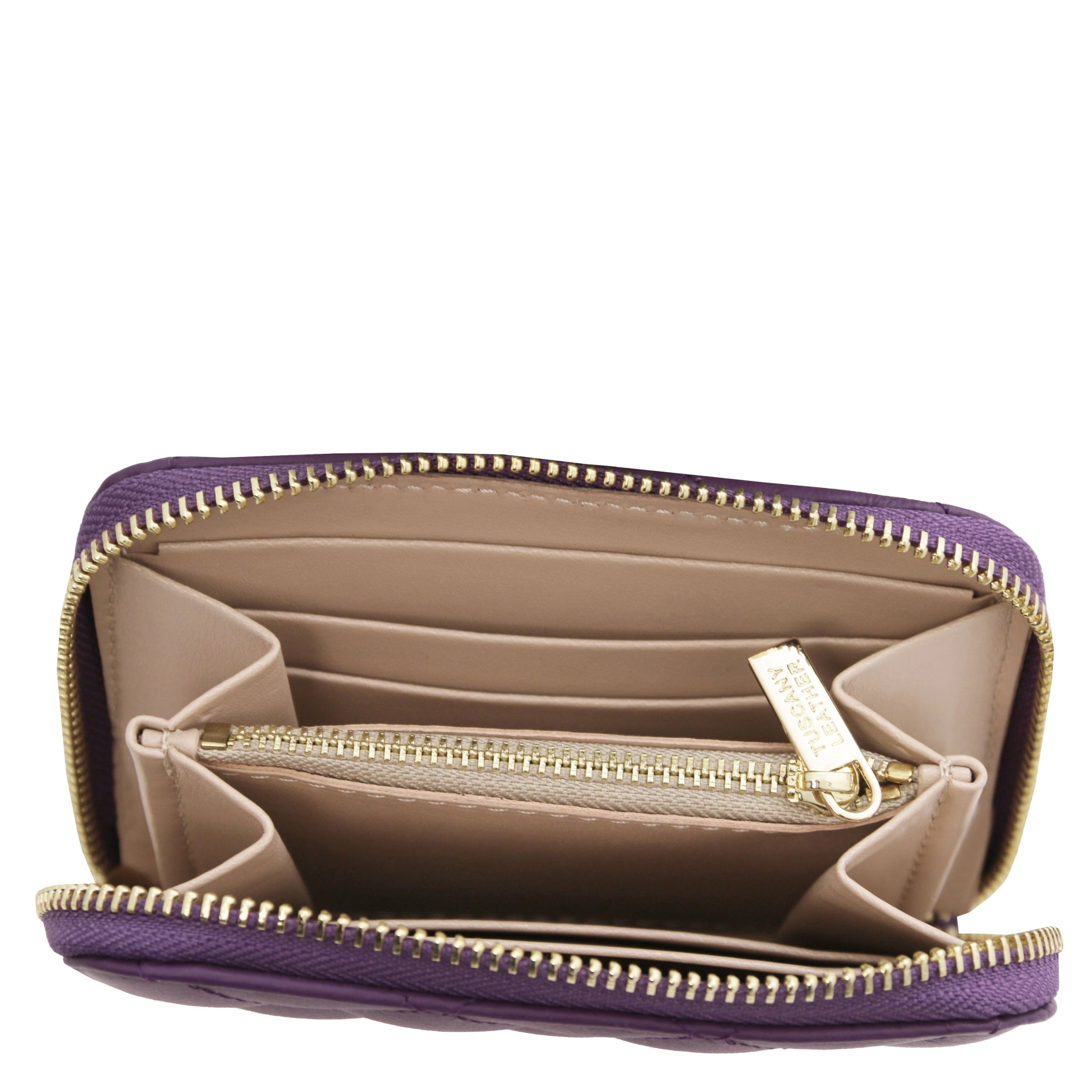 Top interior view Teti Exclusive Zip Around Soft Italian Leather Wallet in purple showing coin pocket, card slots and currency open compartment
