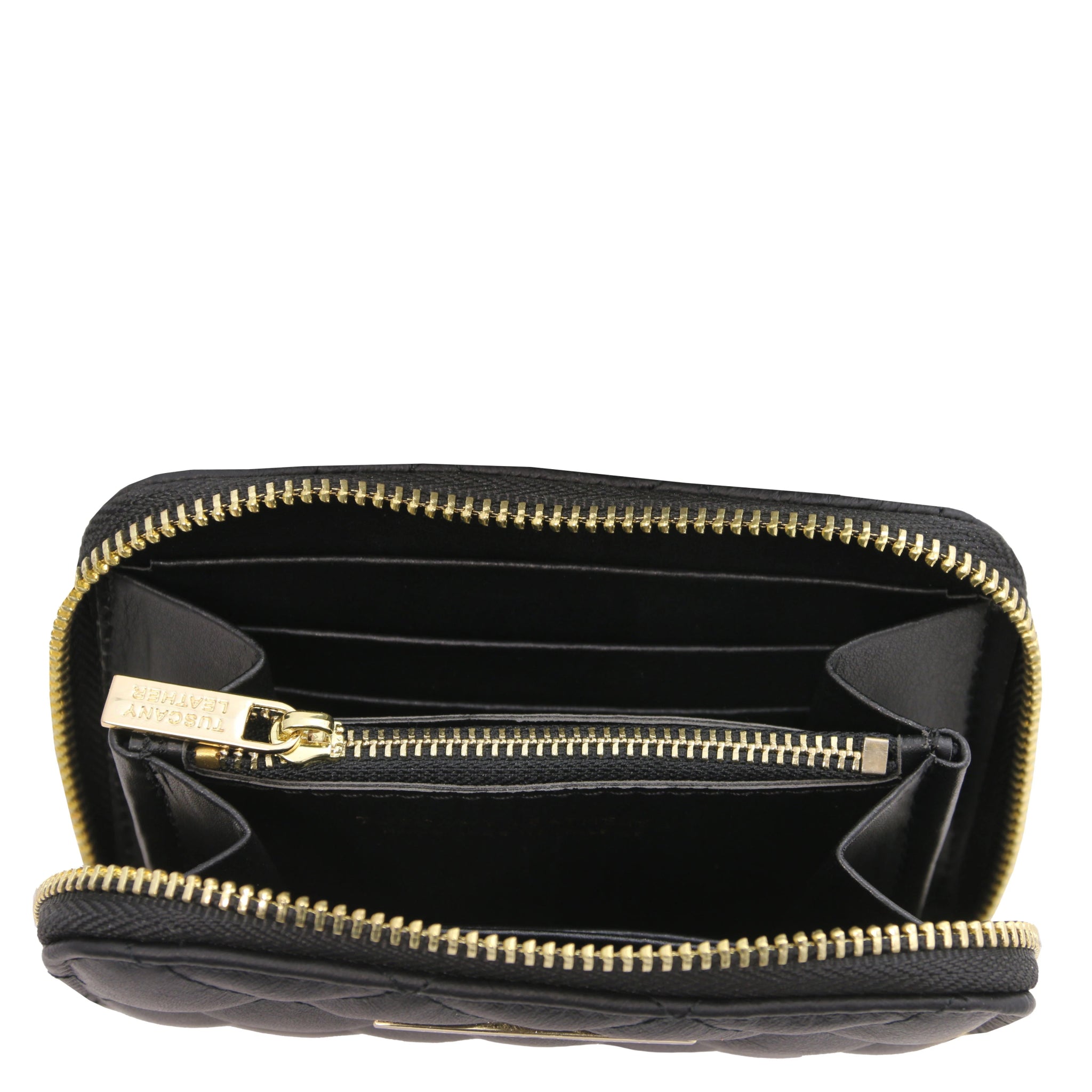 Top interior view Teti Exclusive Zip Around Soft Italian Leather Wallet in black showing coin pocket, card slots and currency open compartment