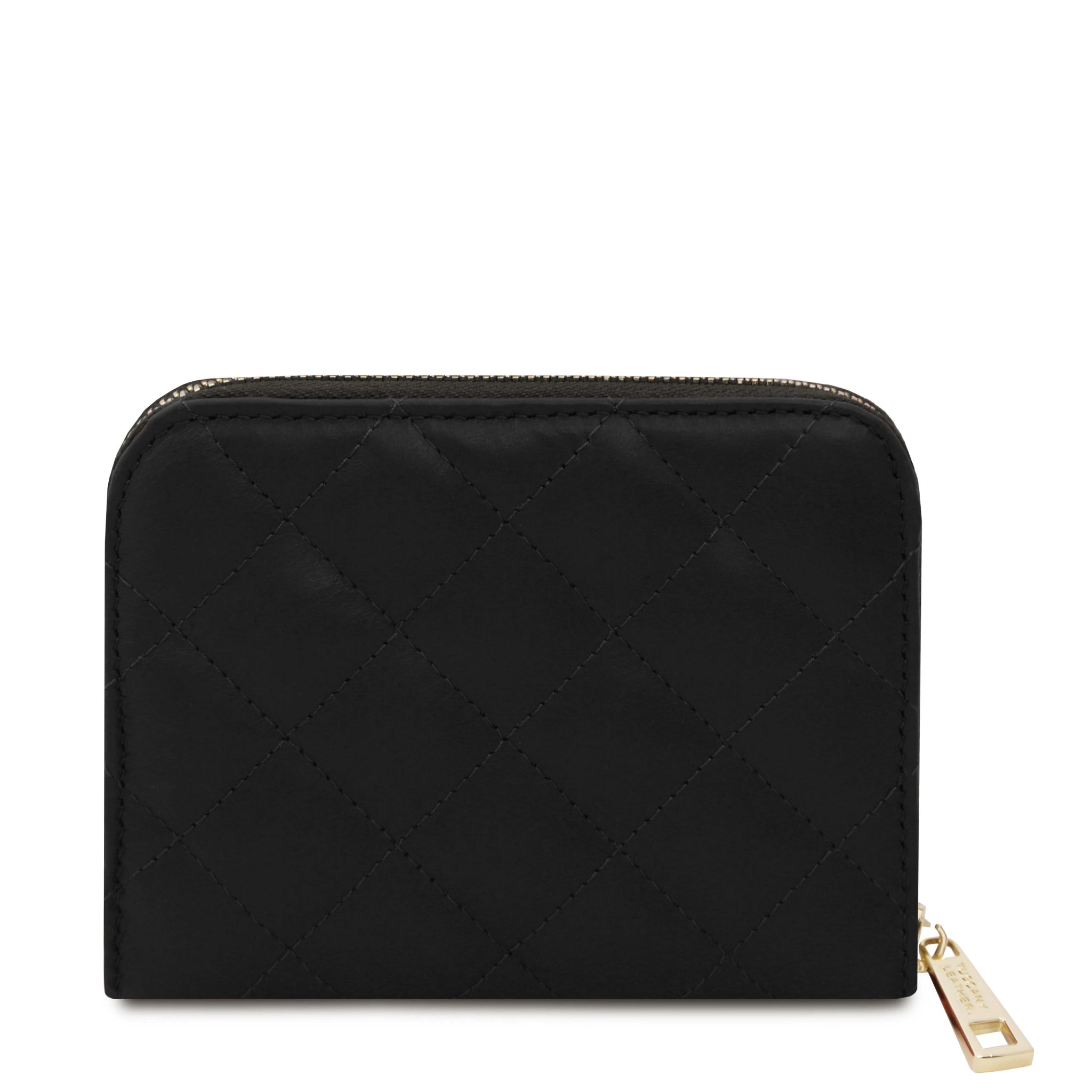 Back View Teti Exclusive three side Zip Around Soft Italian Leather Wallet in Black on a white background