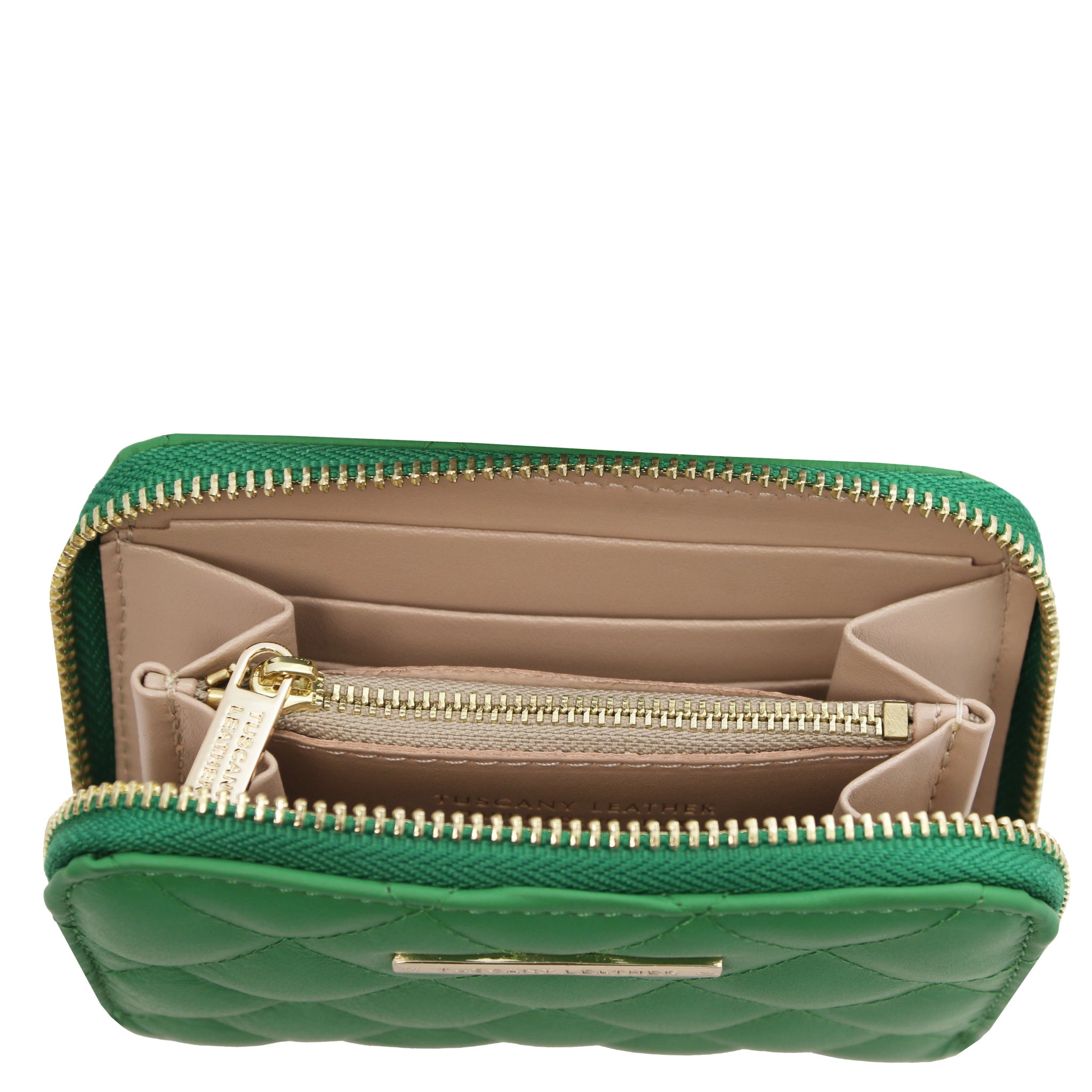 Top interior view Teti Exclusive Zip Around Soft Italian Leather Wallet in green showing coin pocket, card slots 