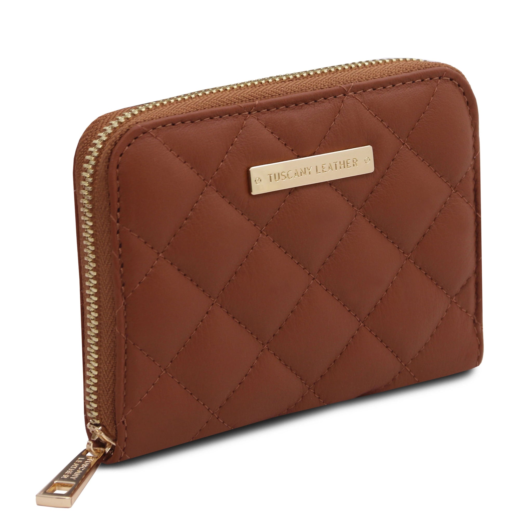 Front View Teti Exclusive three side Zip Around Soft Italian Leather Wallet in Cognac on a white background