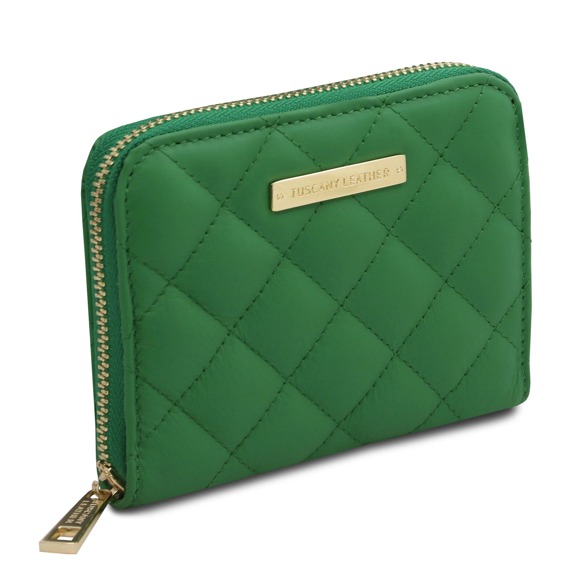 Front View Teti Exclusive three side Zip Around Soft Italian Leather Wallet in Green on a white background