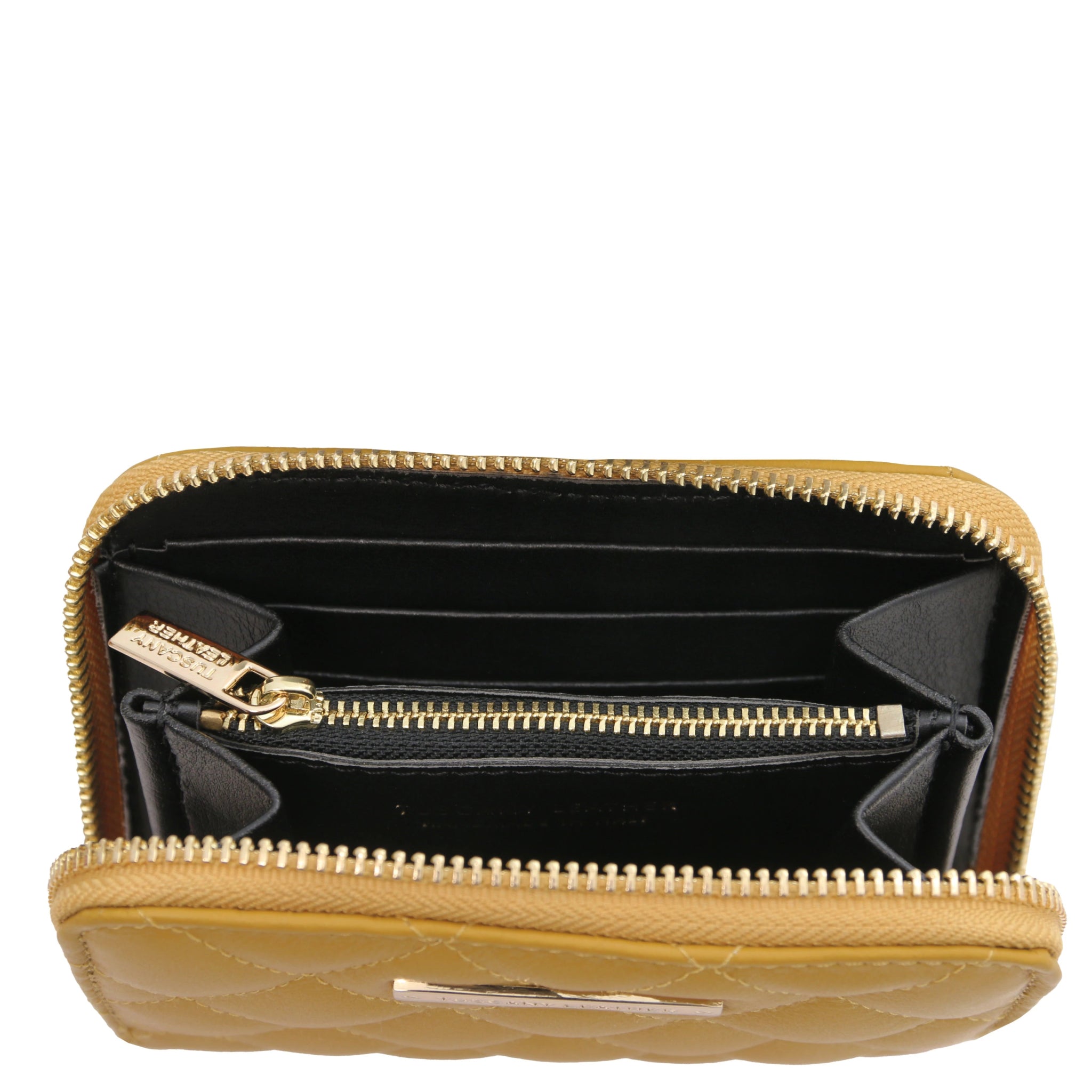 Top interior view Teti Exclusive Zip Around Soft Italian Leather Wallet in mustard showing coin pocket, card slots and open compartment