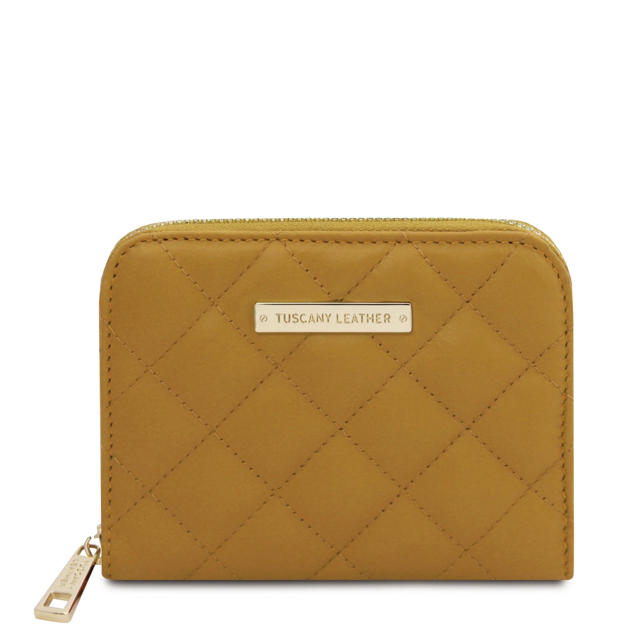 Front View Teti Exclusive three side Zip Around Soft Italian Leather Wallet in Mustard on a white background