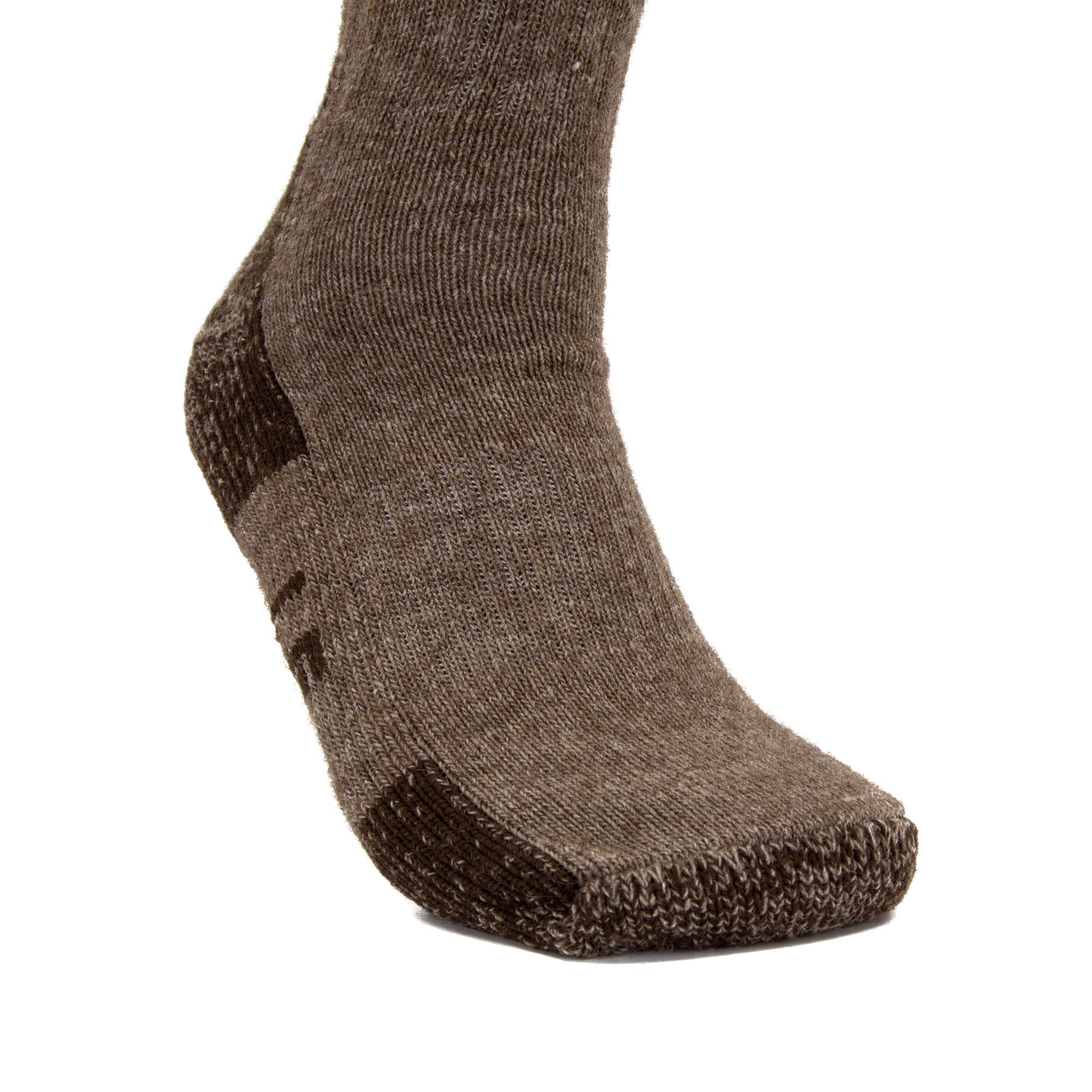 The American Bison Wool Sock in brown, showing the foot support, on a white background - L'Atelier Global