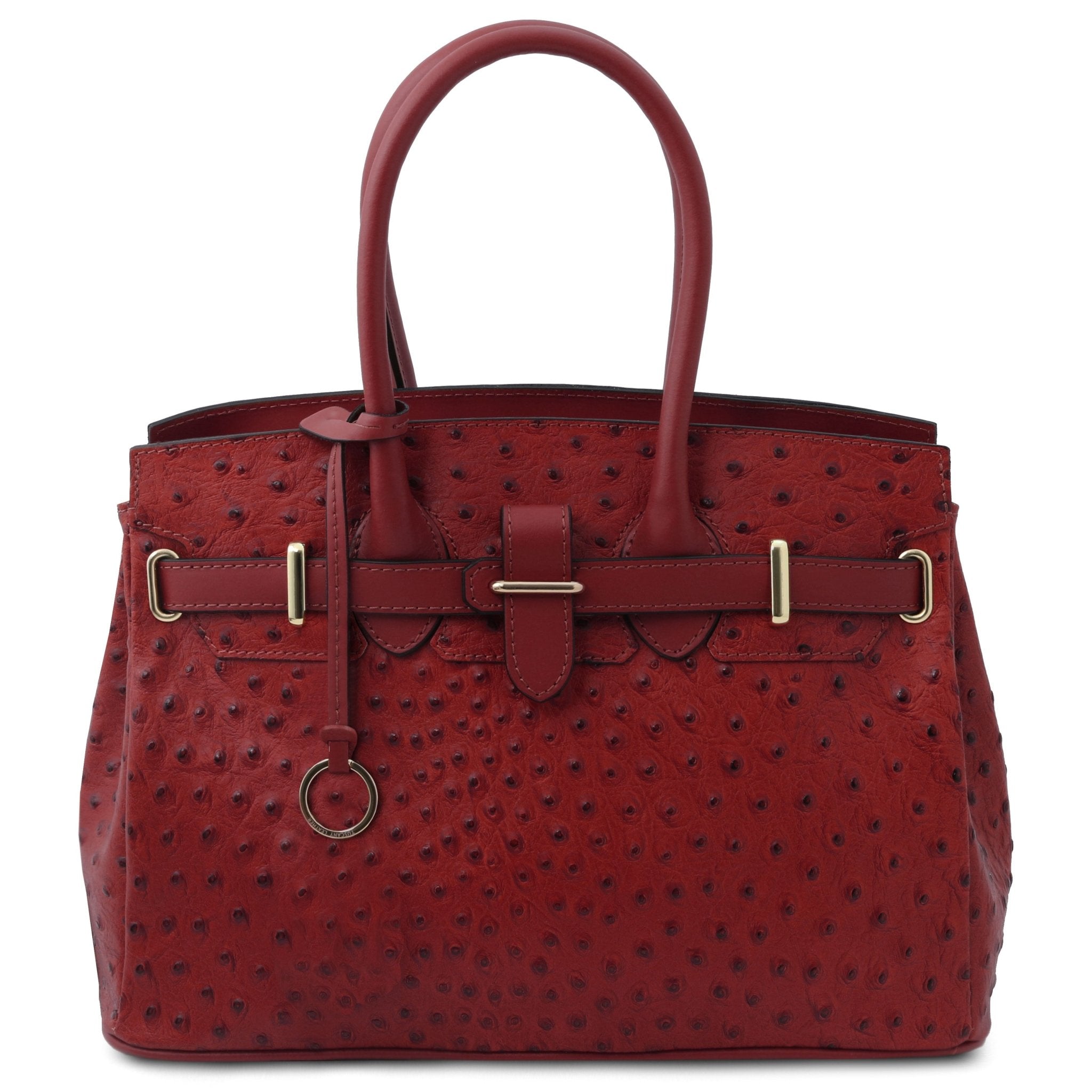 Front View TL Bag Handbag in Ostrich-print Leather Red on a white background - L'Atelier Global