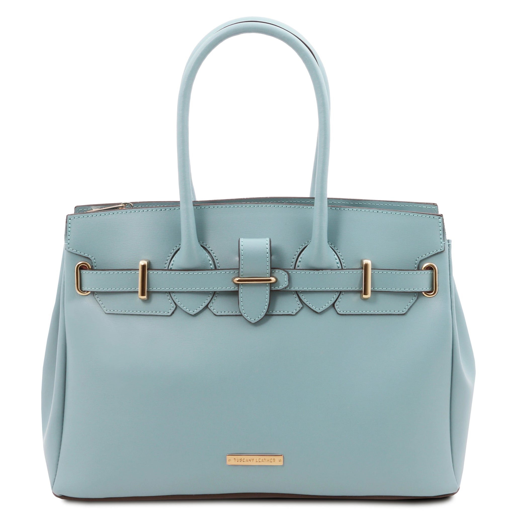 Front view TL Bag Italian Leather Handbag in Light Blue with branding at center bottom of bag  